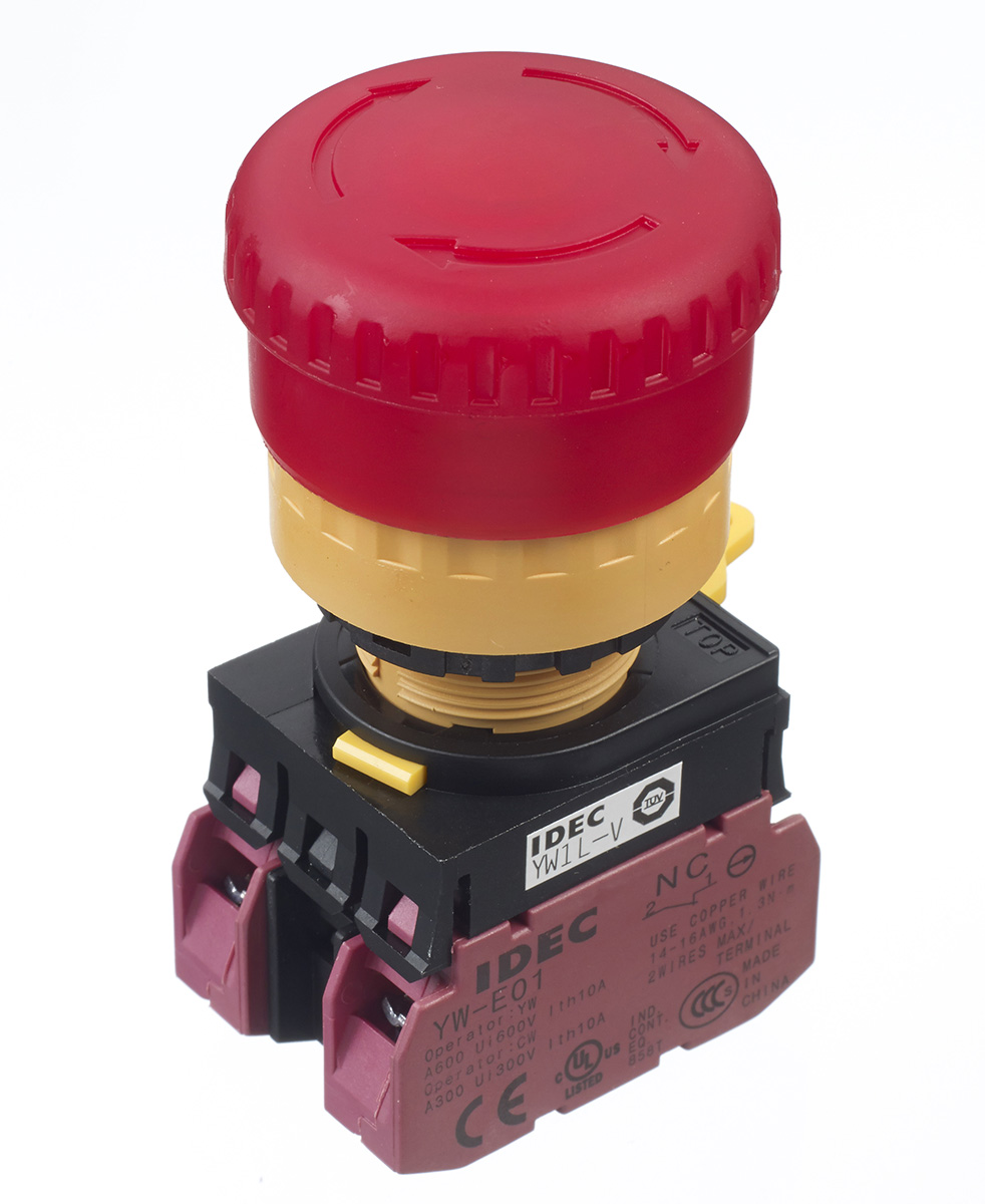 Idec YW Series Twist Release Illuminated Emergency Stop Push Button, Panel Mount, 22mm Cutout, 2NC, IP65