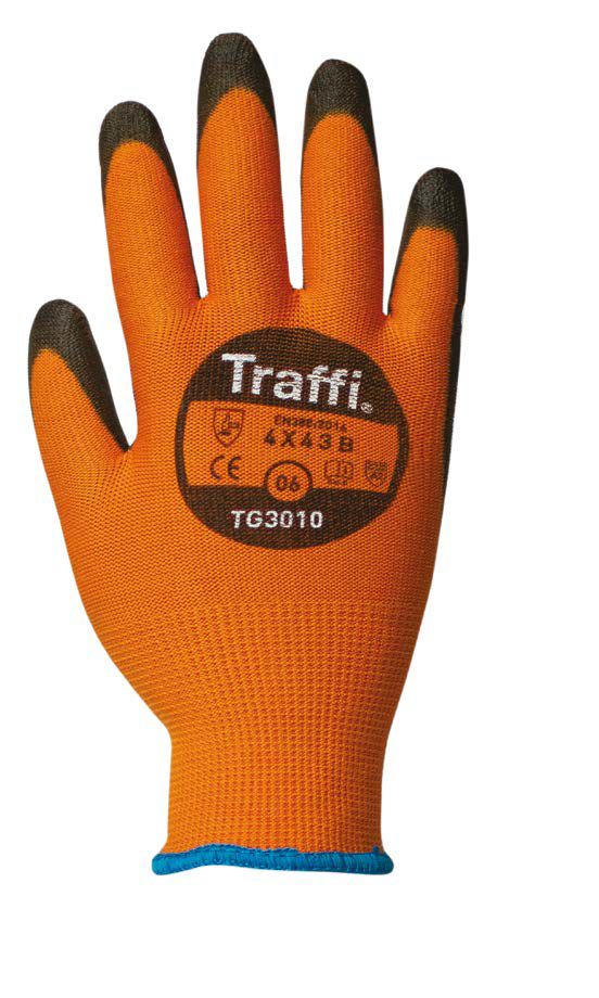 Traffi Classic Orange Elastane, HPPE, Nylon General Handling Gloves, Size 8, Polyurethane Coating