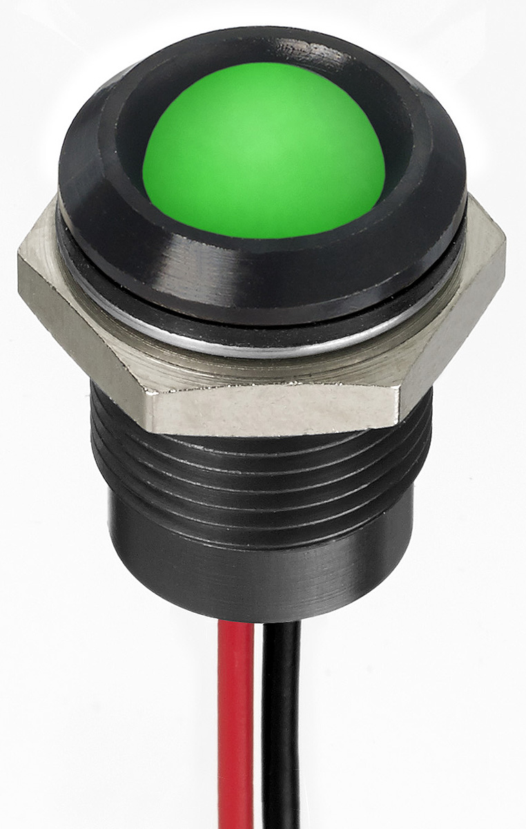 RS PRO Green Panel Mount Indicator, 24V dc, 14mm Mounting Hole Size, Lead Wires Termination, IP67