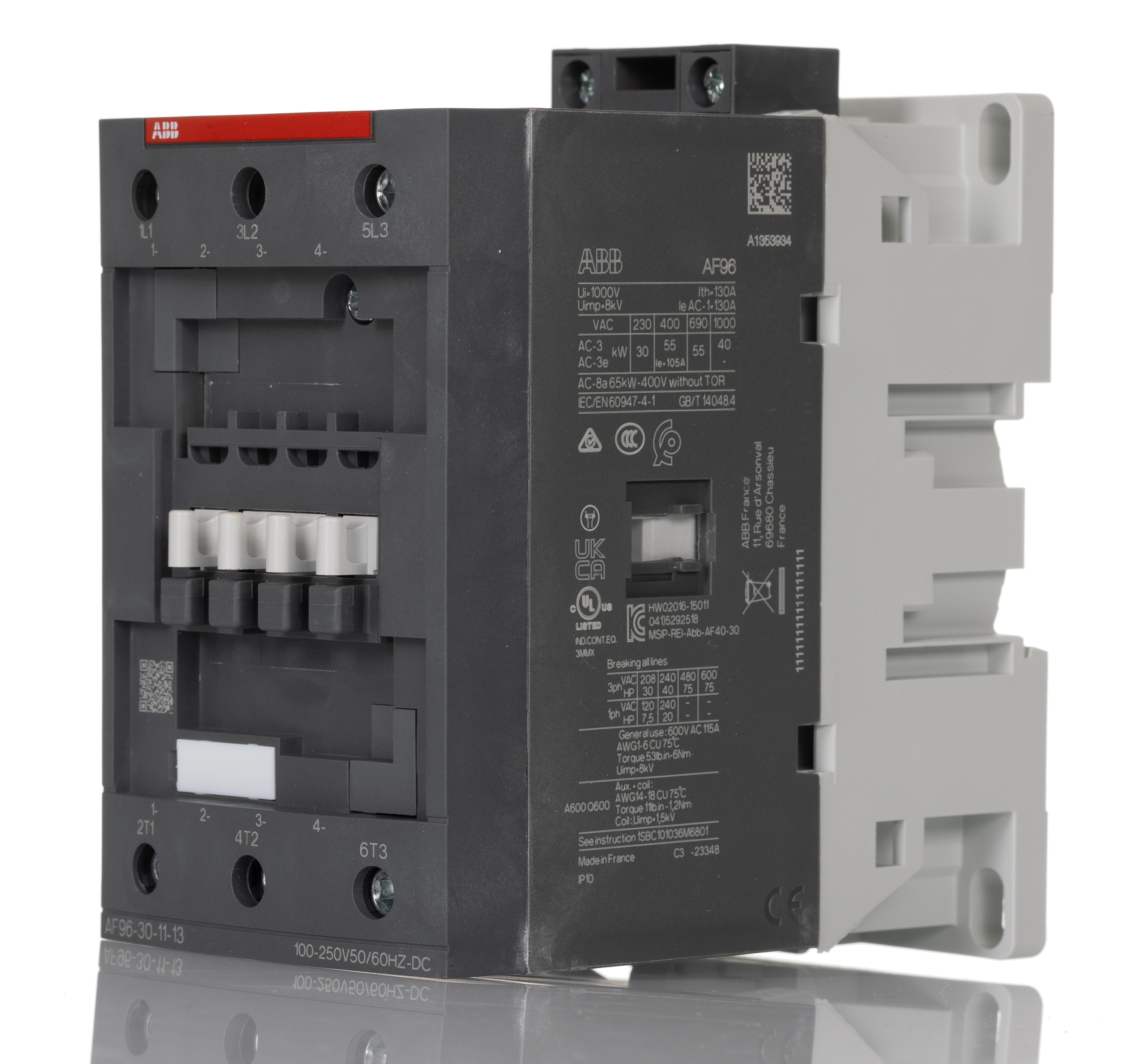 ABB AF96-30-11-13 AF Contactor, 100 to 250 V ac Coil, 3-Pole, 115 A, 55 kW, 4NO+1NC