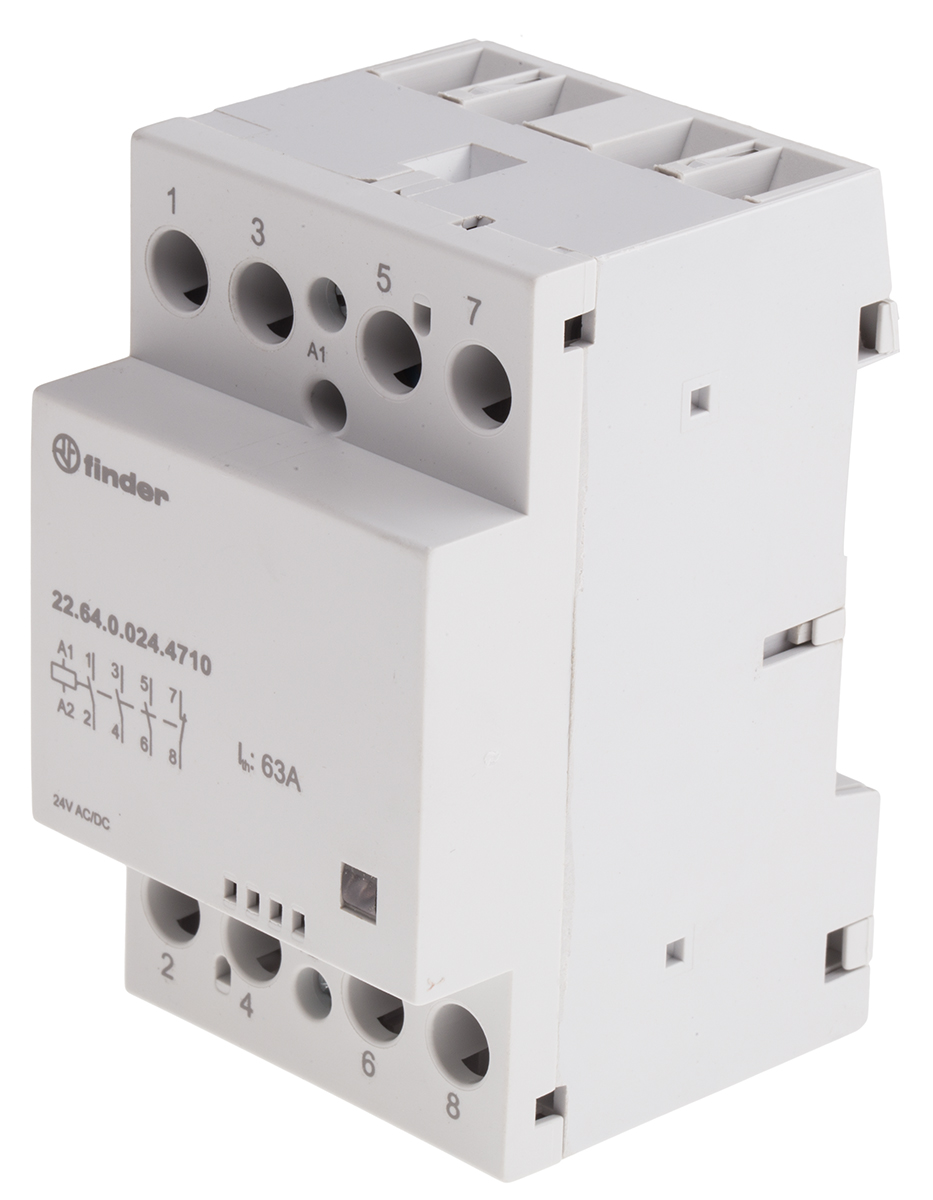 Finder 22 Contactor, 24 V dc, 24 V ac Coil, 4-Pole, 63 A, 6 VA, 3NO + 1NC, 400/480 V ac