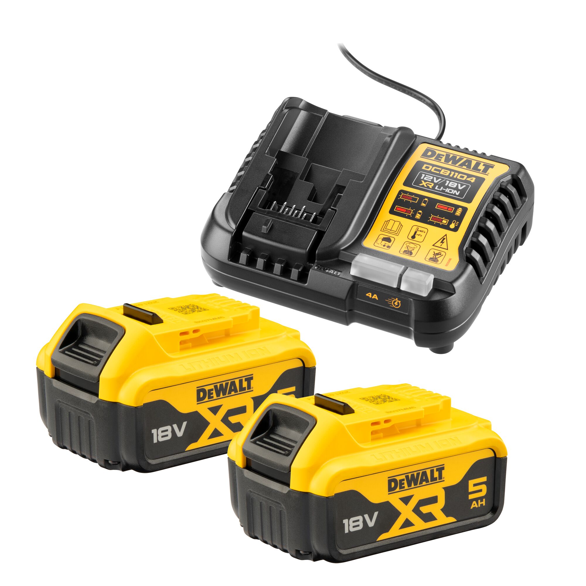 DeWALT DCB1104P2-QW 5Ah 18V Battery & Charger, For Use With DEWALT XRType C - Euro Plug