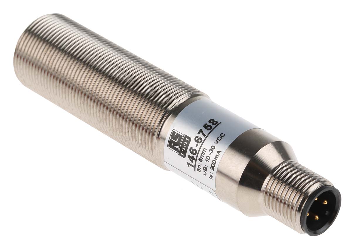 RS PRO Capacitive Threaded Barrel Proximity Sensor, M18, 5 mm Detection, PNP NO+NC, 10 → 30 V dc