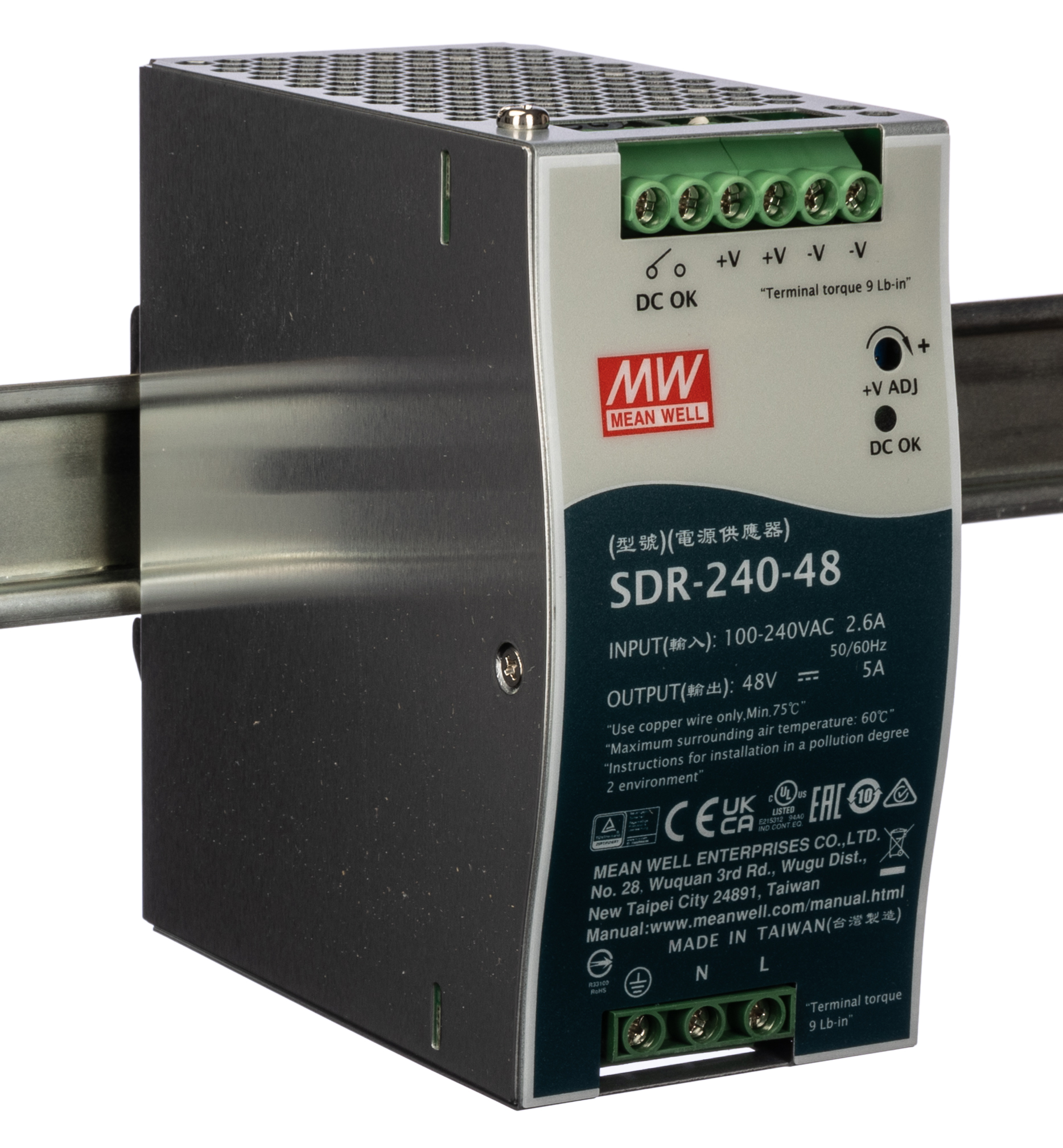 MEAN WELL SDR Switched Mode DIN Rail Power Supply, 88 → 264V ac ac Input, 48V dc dc Output, 5A Output, 240W