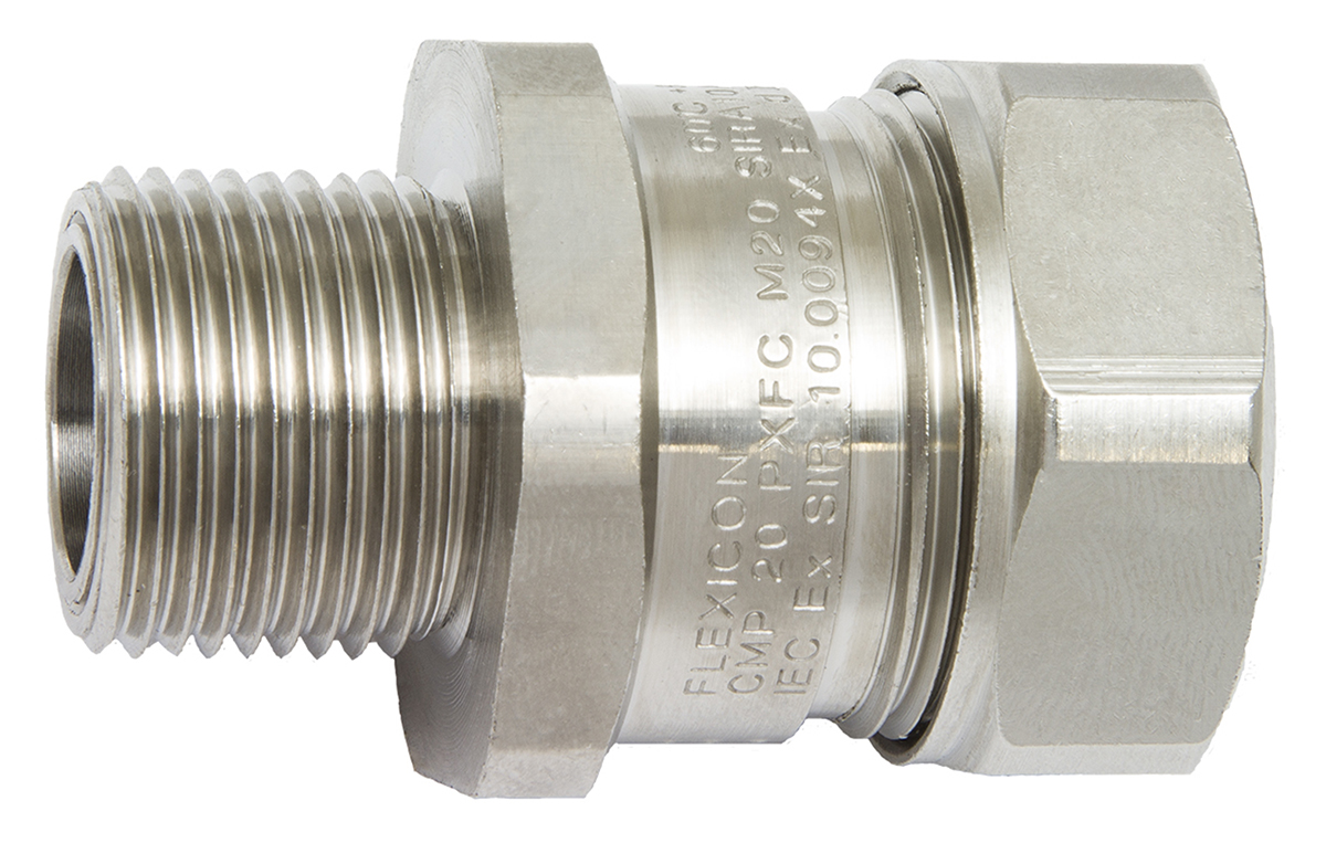 Flexicon Fixed External Thread Fitting, Conduit Fitting, 16mm Nominal Size, M20, Brass, Silver IP66, IP67, IP68, IP69