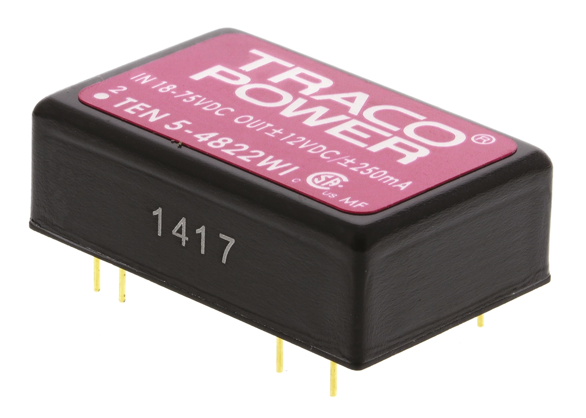 TRACOPOWER TEN 5WI DC-DC Converter, ±12V dc/ ±250mA Output, 18 → 75 V dc Input, 6W, Through Hole, +85°C Max Temp
