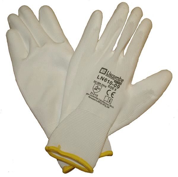 Liscombe White Nylon Polyamide Work Gloves, Size 10, Polyurethane Coating