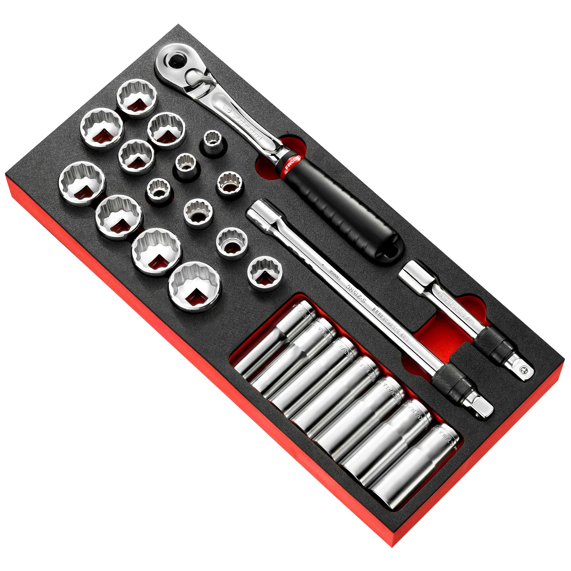 Facom 25-Piece Imperial 1/2 in Deep Socket/Standard Socket Set with Ratchet, 12 point