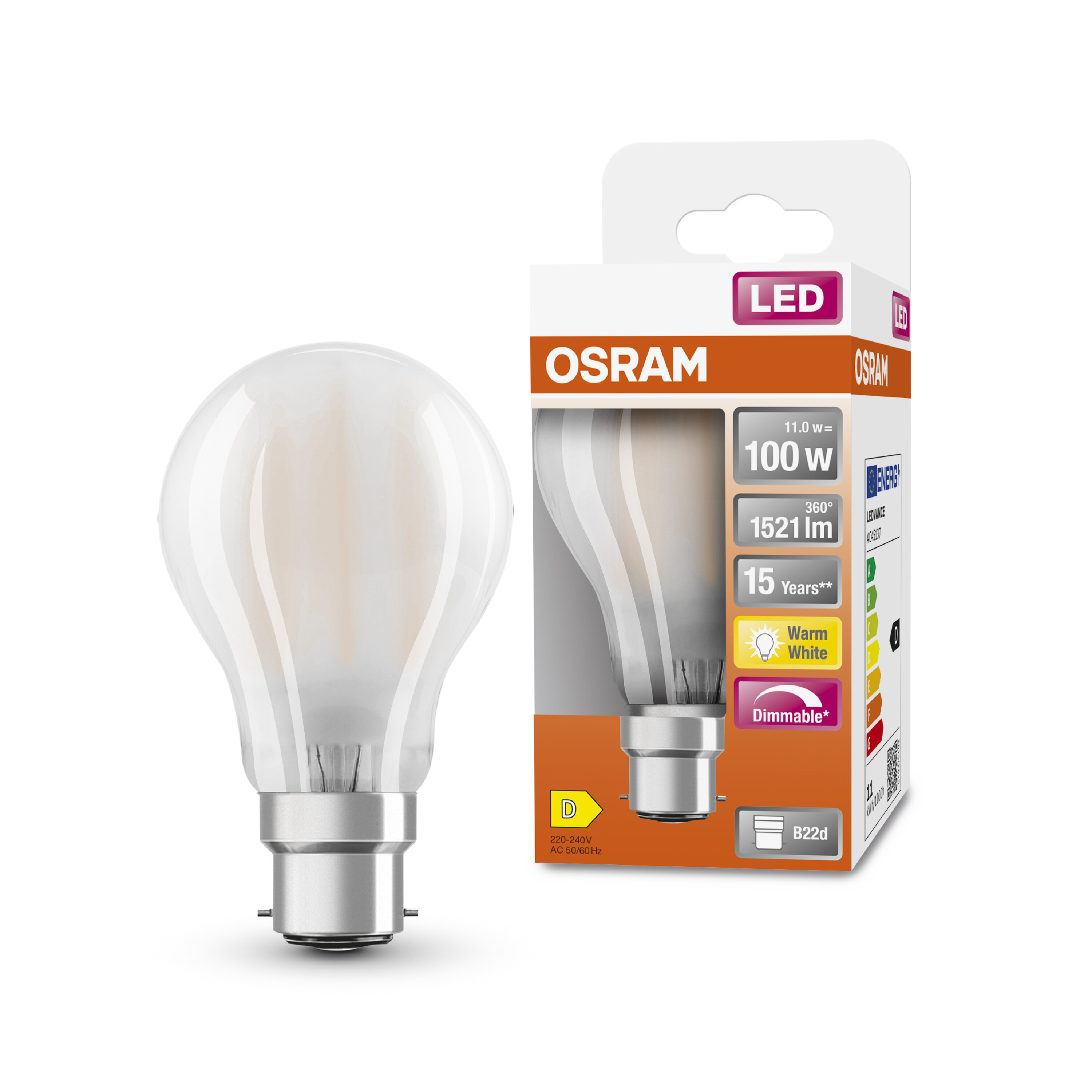LEDVANCE LED Retrofit CLASSIC B22d LED Bulbs 11 W(100W), 2700K, Warm White, Bulb shape
