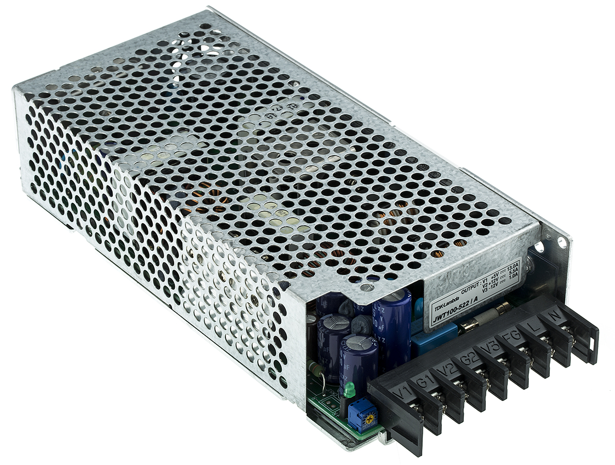 TDK-Lambda Switching Power Supply, JWT100-522/A, 5 V dc, ±12 V dc, 1 A, 5.5 A, 13 A, 100W, Triple Output, 120 →