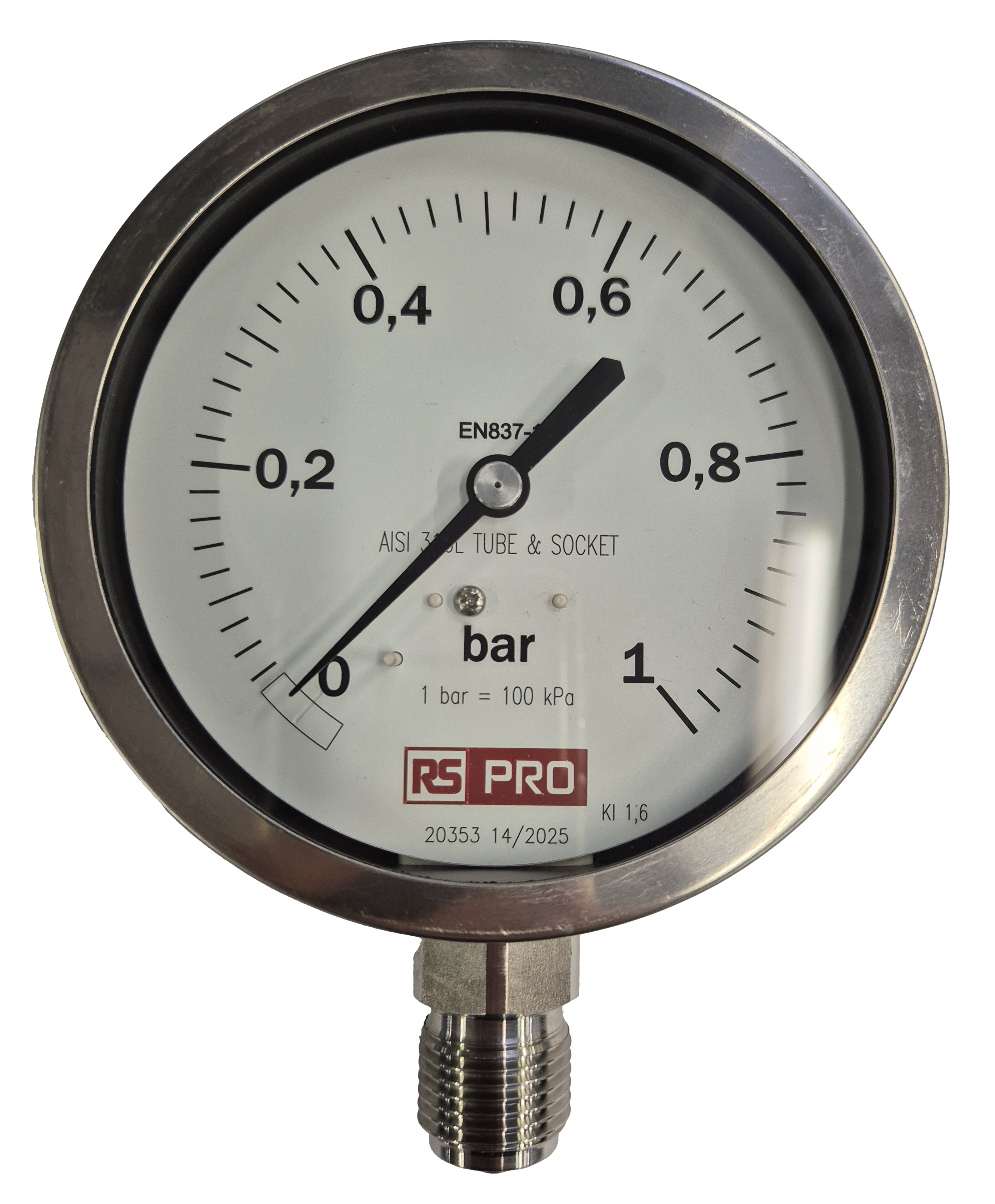 RS PRO BSP 1/2in Analogue Pressure Gauge 1bar Bottom Entry 100mm Outside Diameter