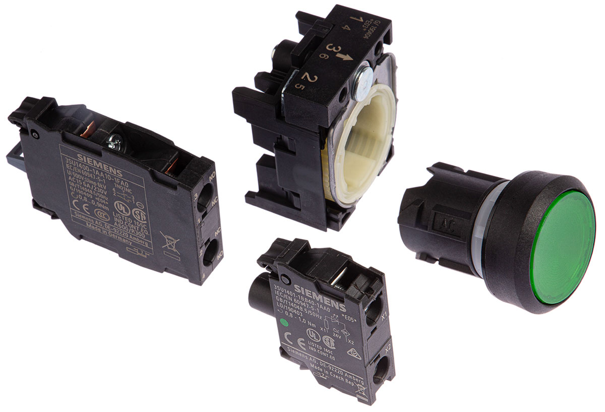 Siemens SIRIUS ACT 3SU11 Series Illuminated Push Button Complete Unit, Momentary, Panel Mount, 22mm Cutout, SPDT, Green