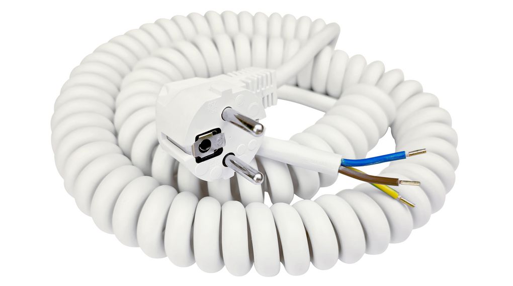 TBS de Buck B.V. SP-DSR Spiral Cable 1.5 mm² 3 Core Power Cable, White Polyvinyl Chloride PVC, 2m