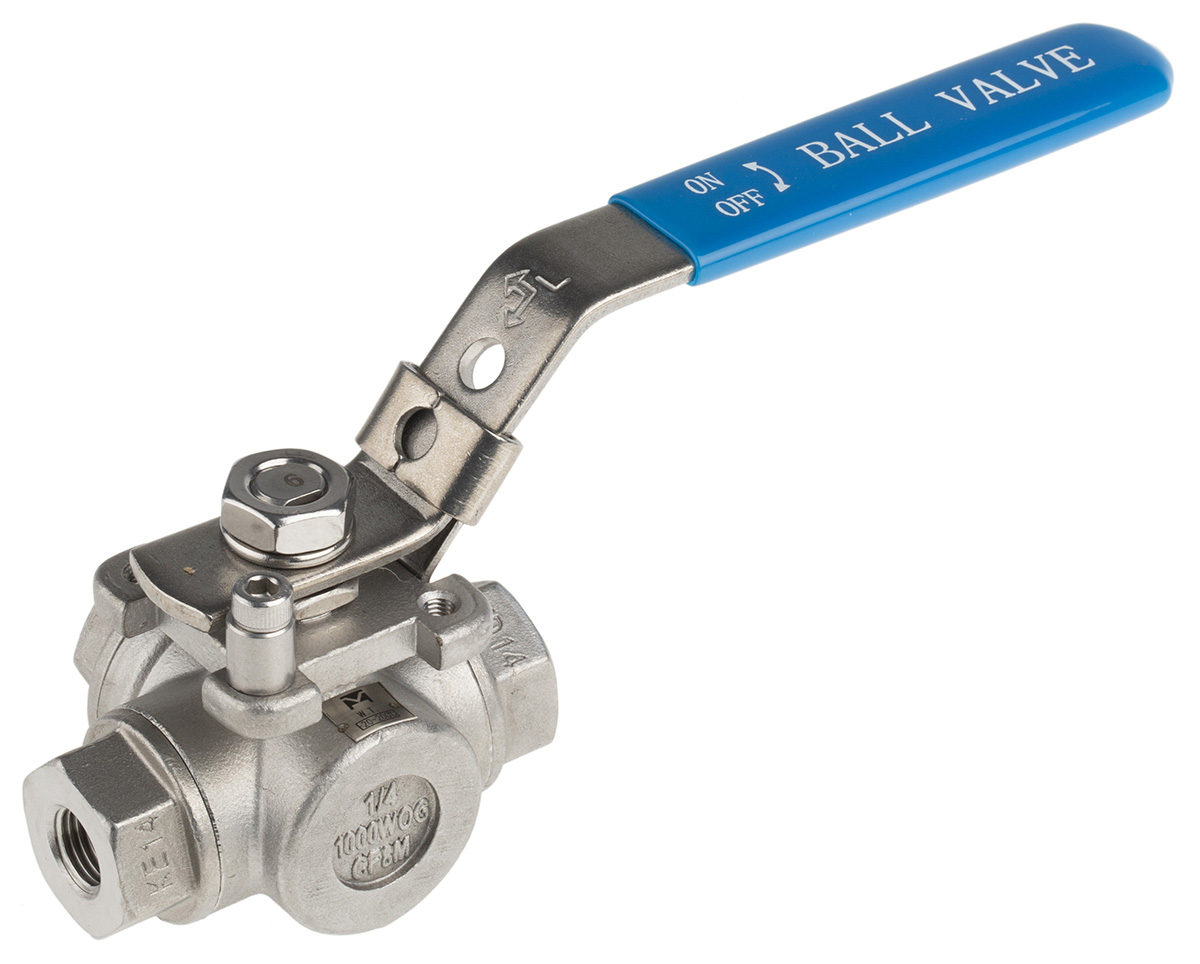 RS PRO Stainless Steel L Port, 3 Way, Ball Valve, Threaded, BSPP 1/4in, 68bar Operating Pressure