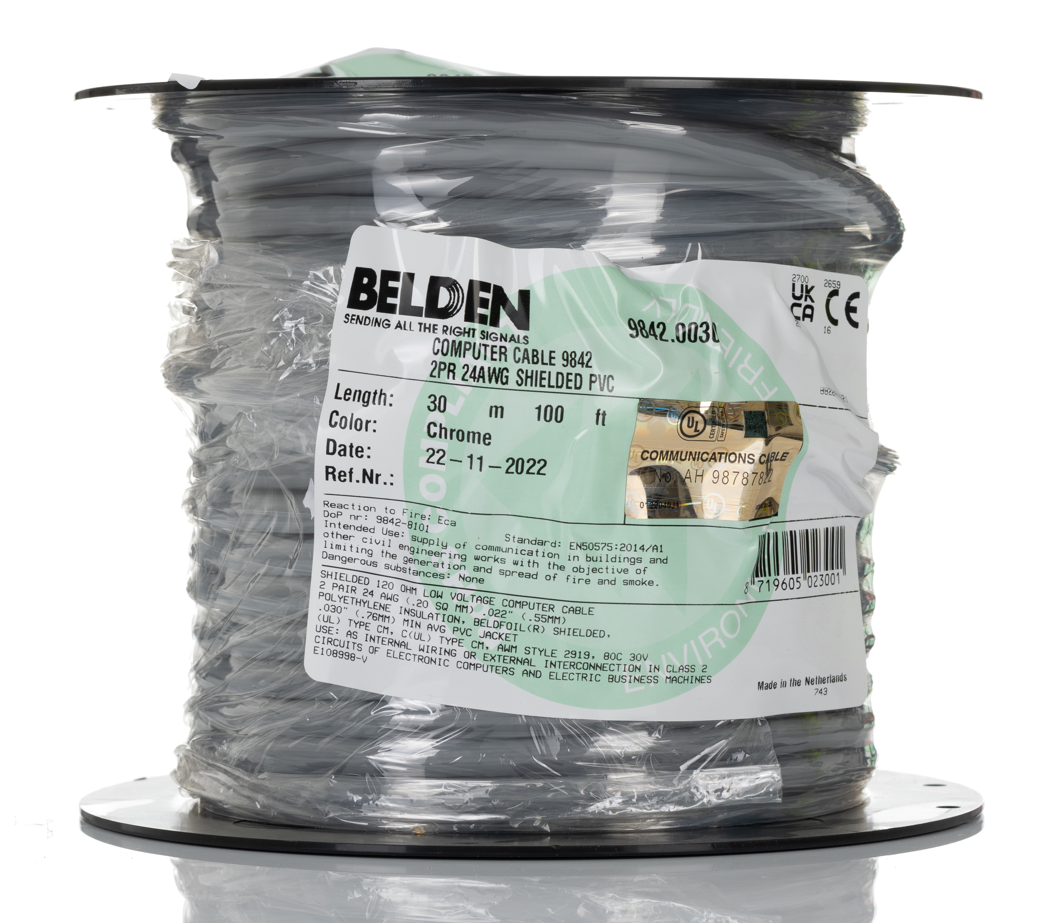 Belden 9842 Series Data Cable, 2 Pairs, 4 Cores, 0.25 mm², Screened, 24 AWG, 30m, Aluminium Foil-PET Tape, Tinned