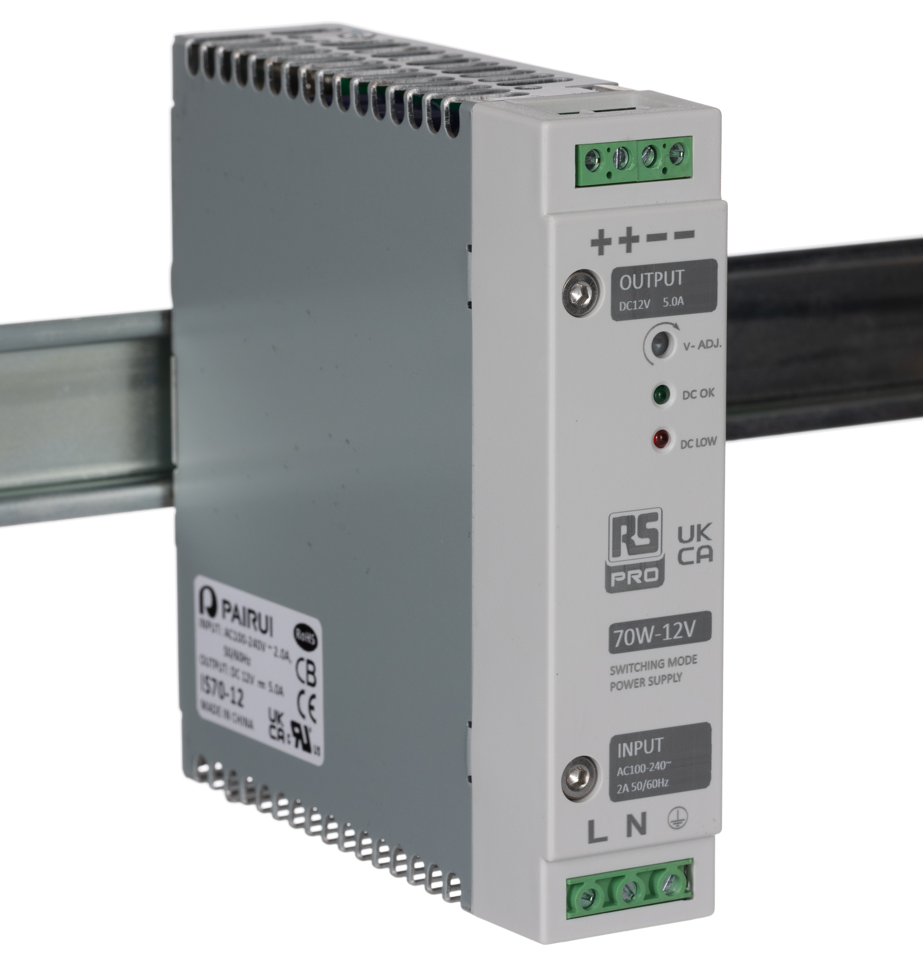 RS PRO Switched Mode DIN Rail Power Supply, 230V ac, 12V dc dc Output, 5A Output, 70W