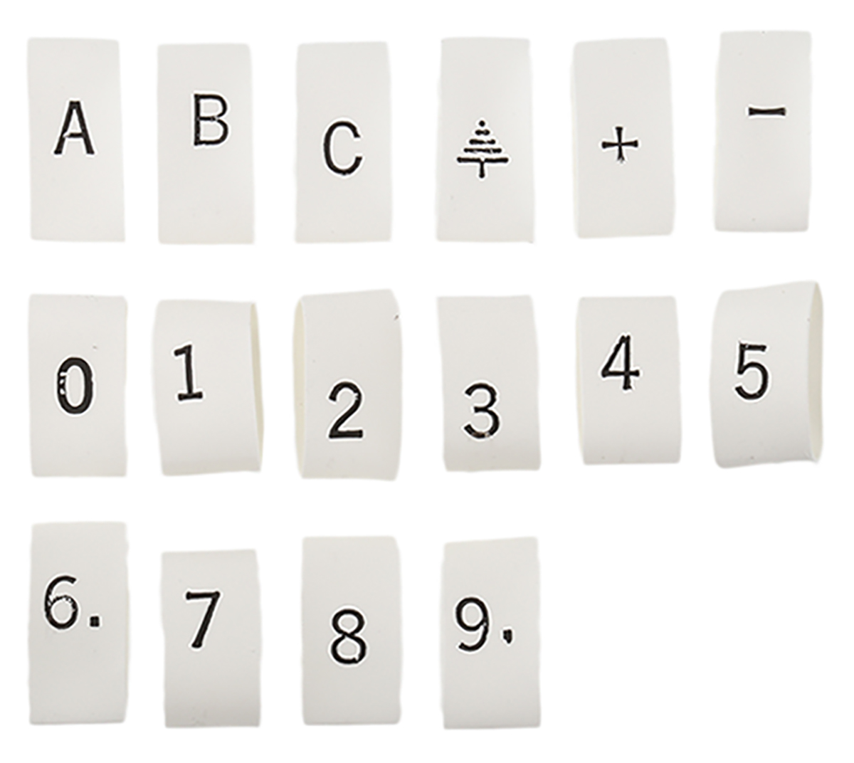 TE Connectivity TRSA Heat Shrink Cable Markers, White, Pre-printed "+, 0 → 9, A, B, C, Earth", 4 → 12mm
