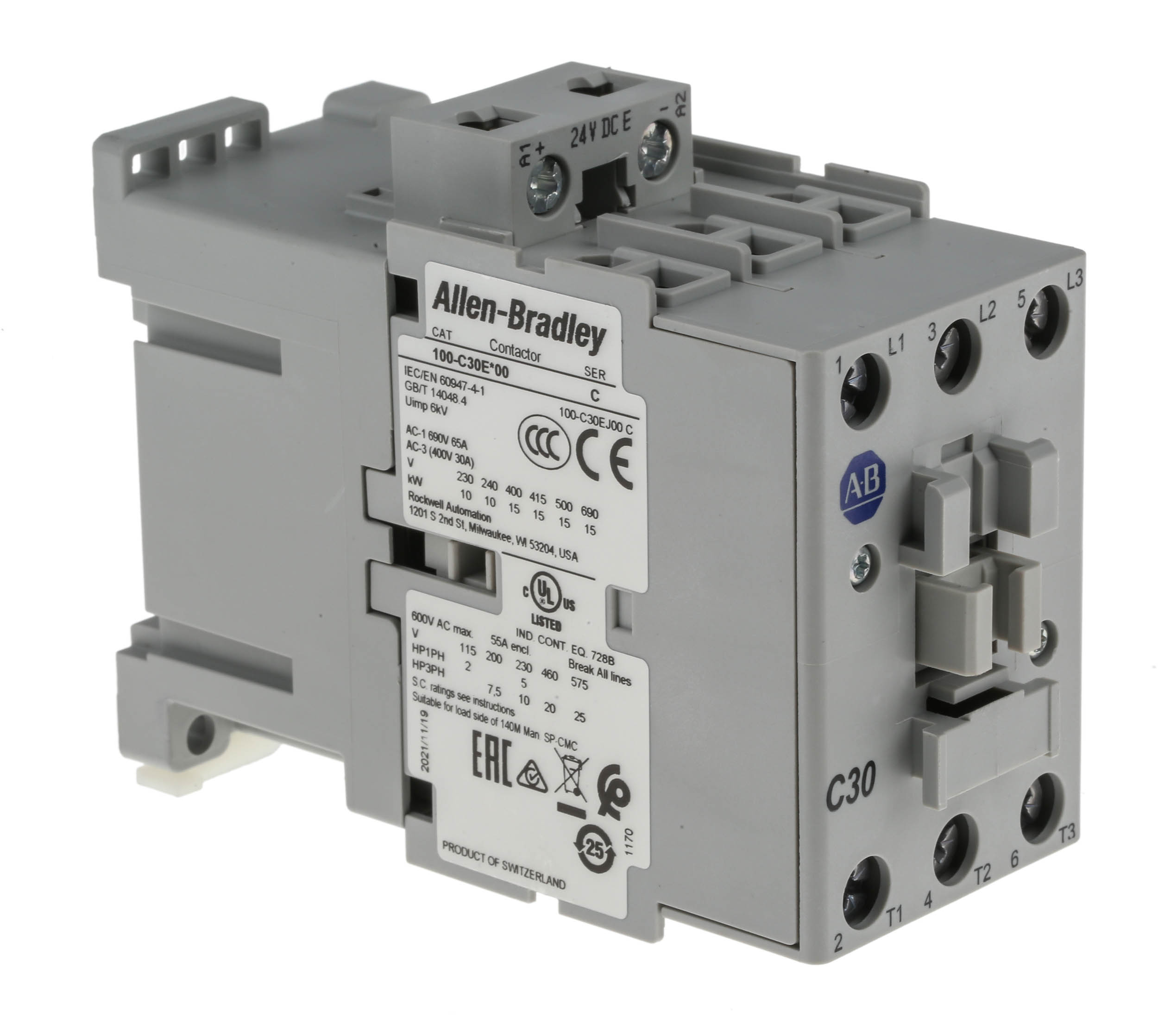 Allen Bradley 100 Series 100C Contactor, 24 V dc Coil, 3-Pole, 30 A, 15 kW, 3NO, 690 V ac