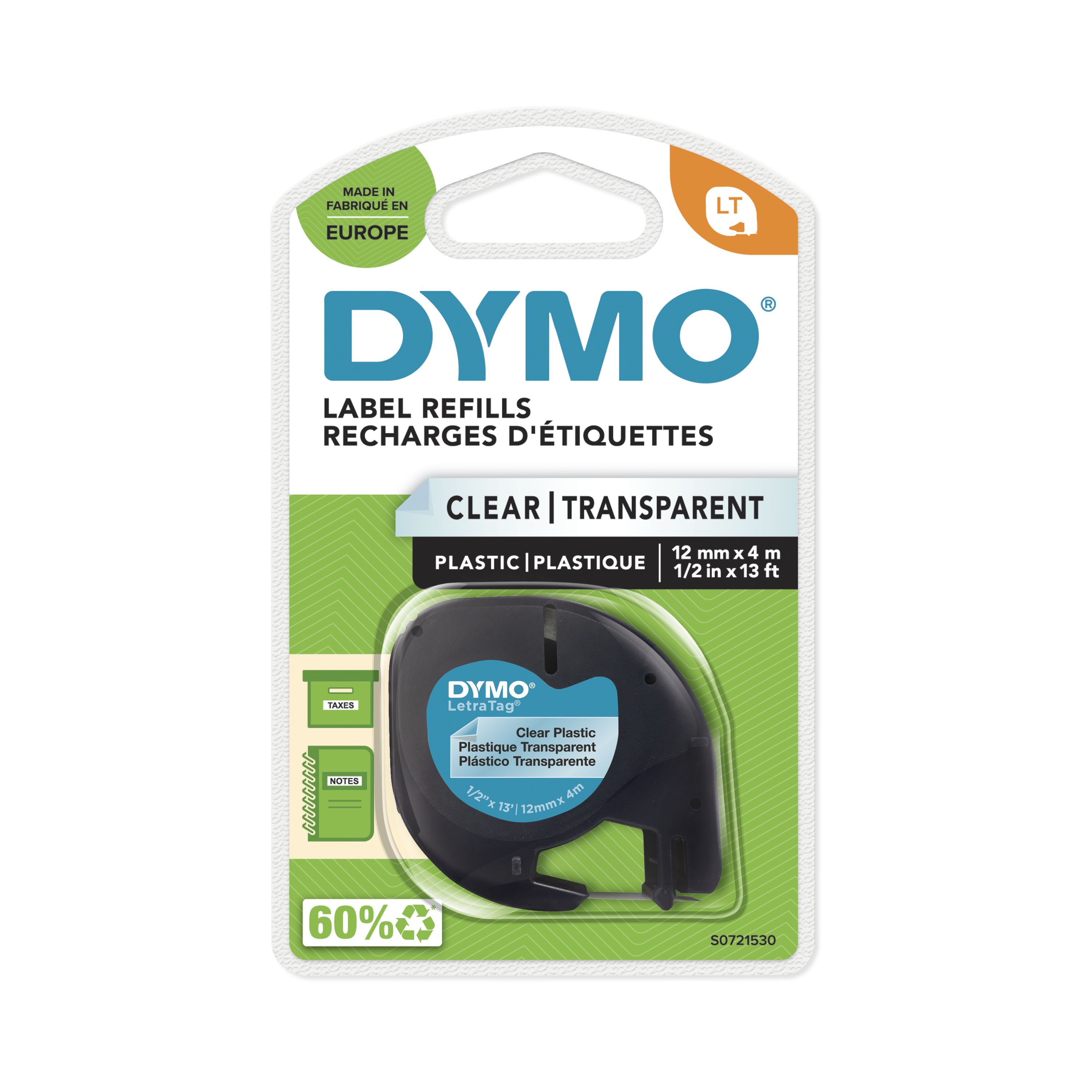 Dymo Black on Clear Label Printer Tape, 4 m Length, 12 mm Width