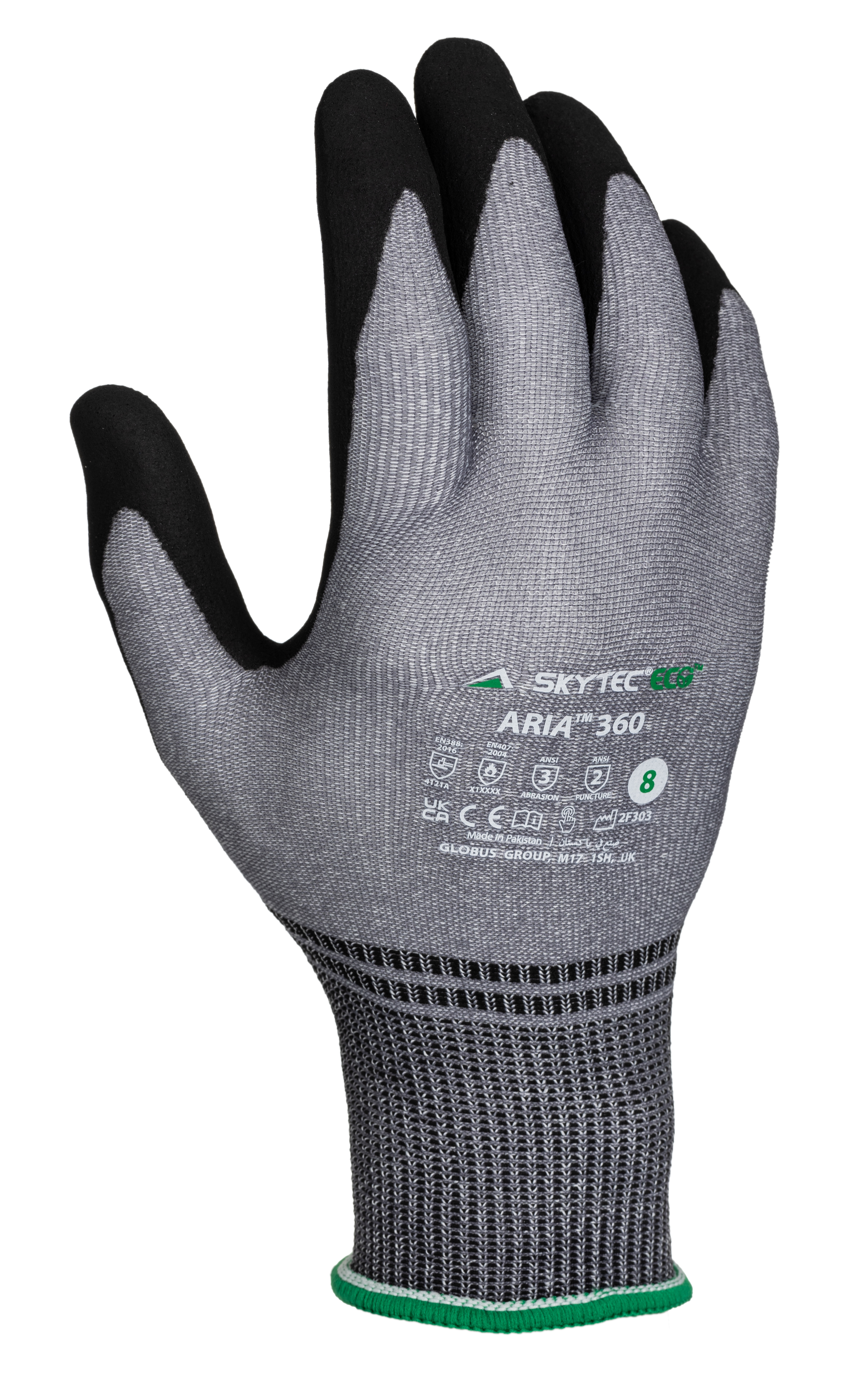Skytec ARIA 360 Black, Grey Nylon, Spandex Foam Nitrile, Nylon Work Gloves, Size 8, Nitrile Coating