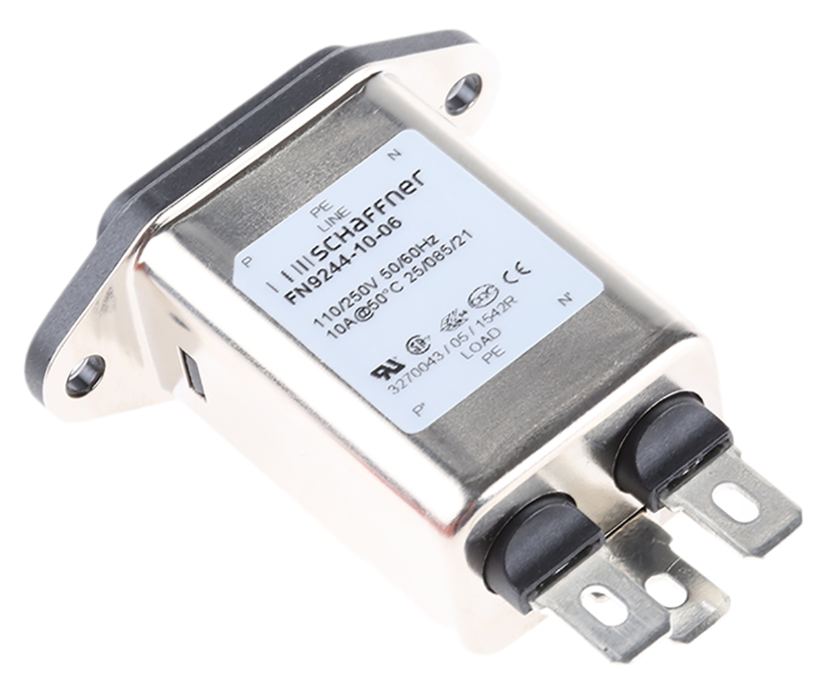 Schaffner 10A, 250 V ac Male Panel Mount IEC Filter FN9244-10-06, Faston None Fuse