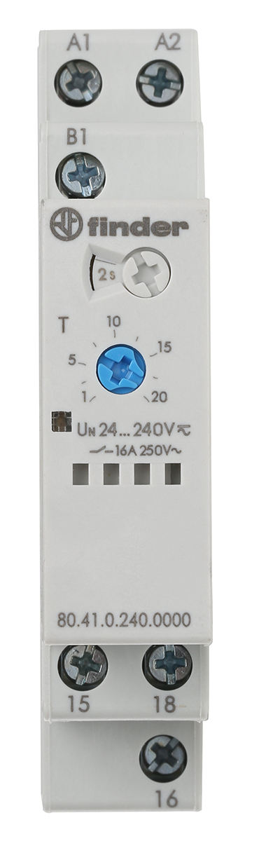 Finder 80 Series Series DIN Rail Mount Timer Relay, 24 → 240V ac/dc, 1-Contact, 0.1 → 20 s, 0.1 →