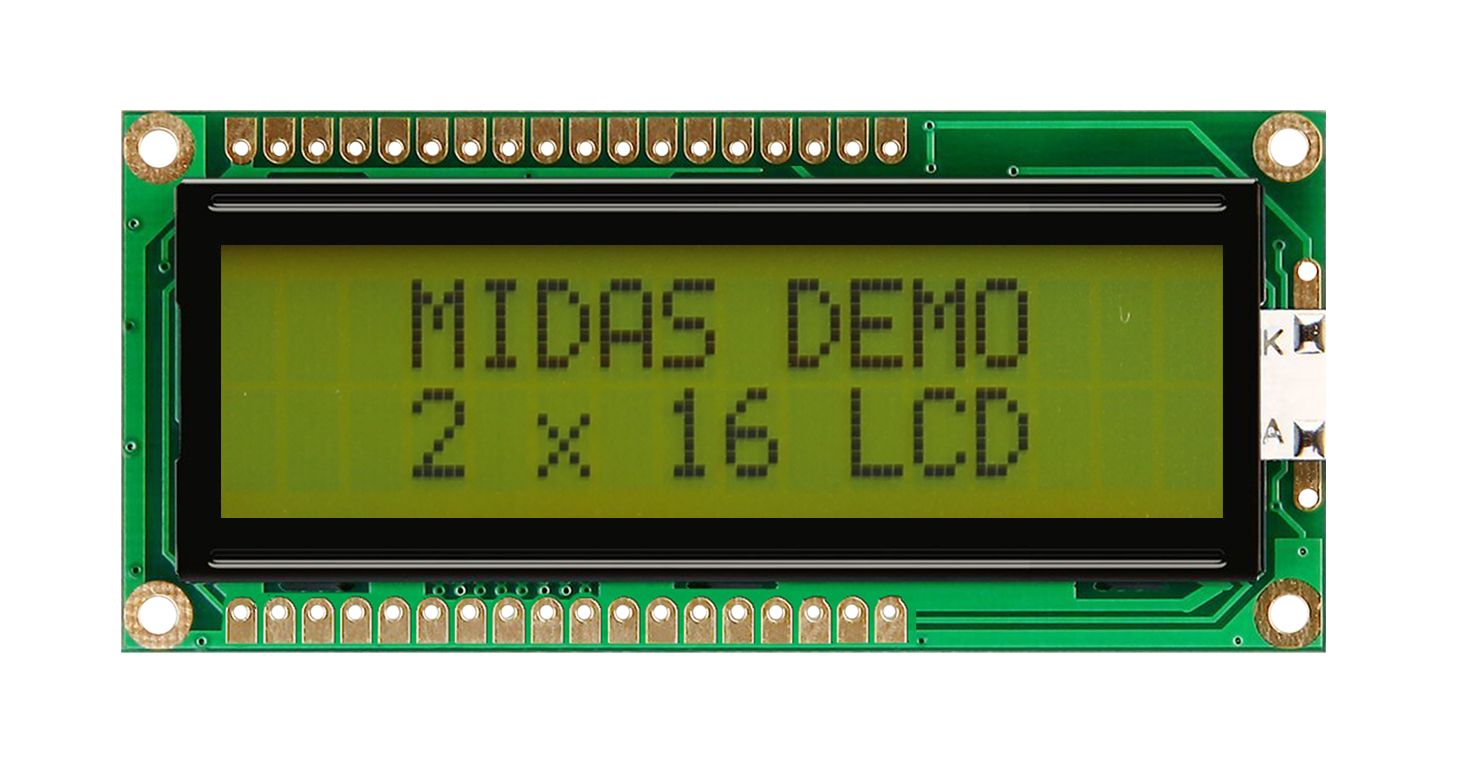Midas MC21605G6W-SPTLY-V2 Alphanumeric LCD Display, Black on Yellow/Green, 2 Rows by 16 Characters, Transflective