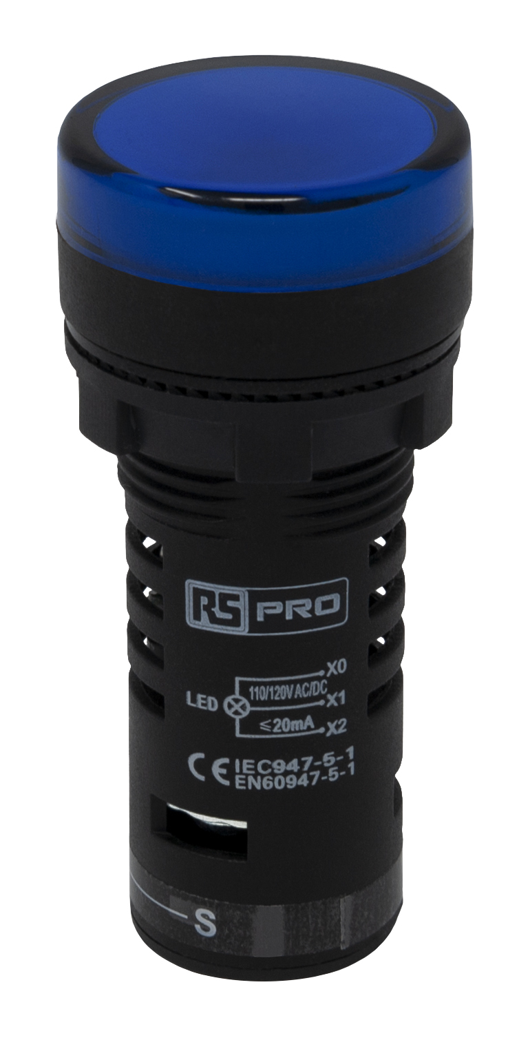 RS PRO, Panel Mount Blue LED Pilot Light, 22mm Cutout, IP65, Round, 120V ac/dc