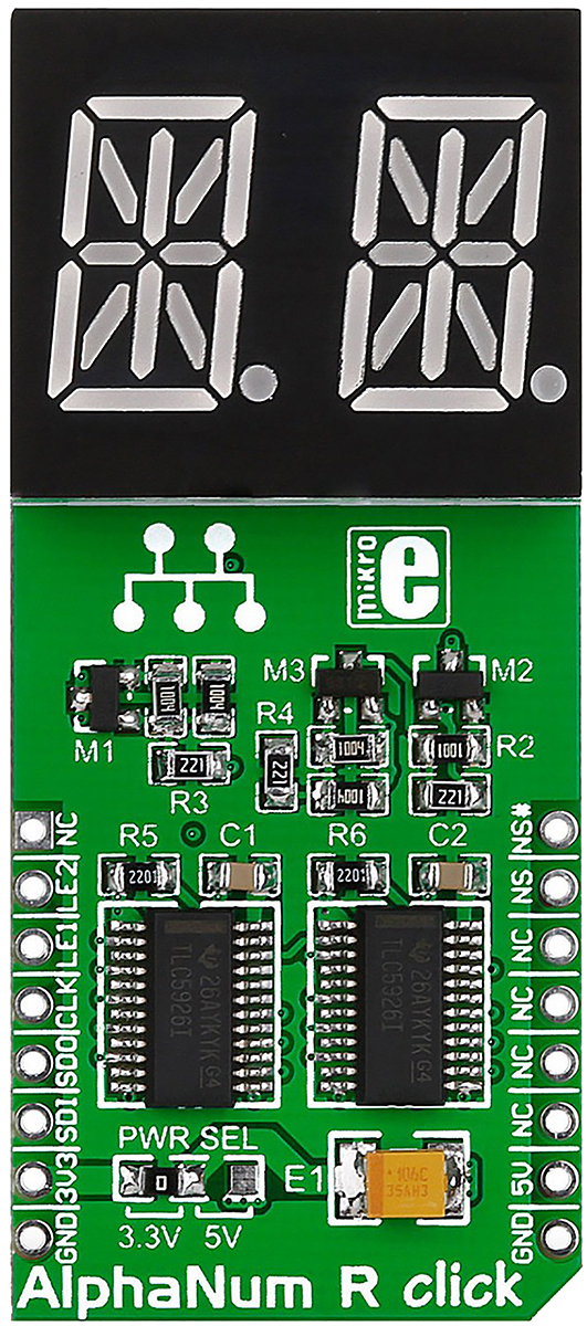 MikroElektronika MIKROE-1864, AlphaNum R Click 2 14 Segment Display Add On Board With TLC5926 x 2