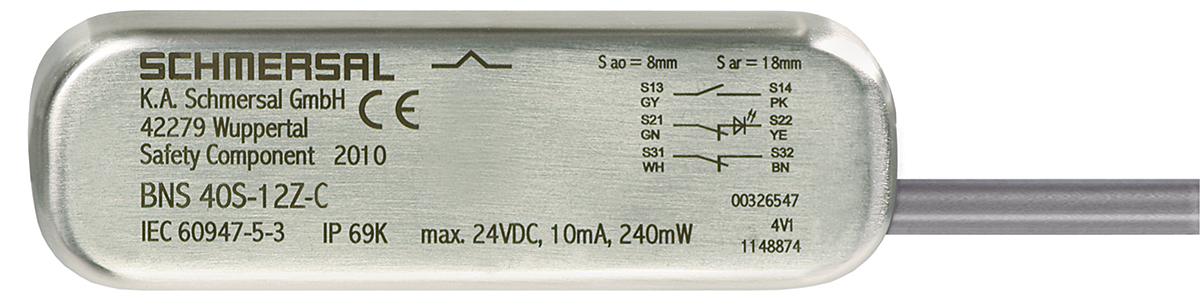 Schmersal BNS40S Series Magnetic Non-Contact Safety Switch, 100V ac/dc, Stainless Steel Housing, 1m Cable