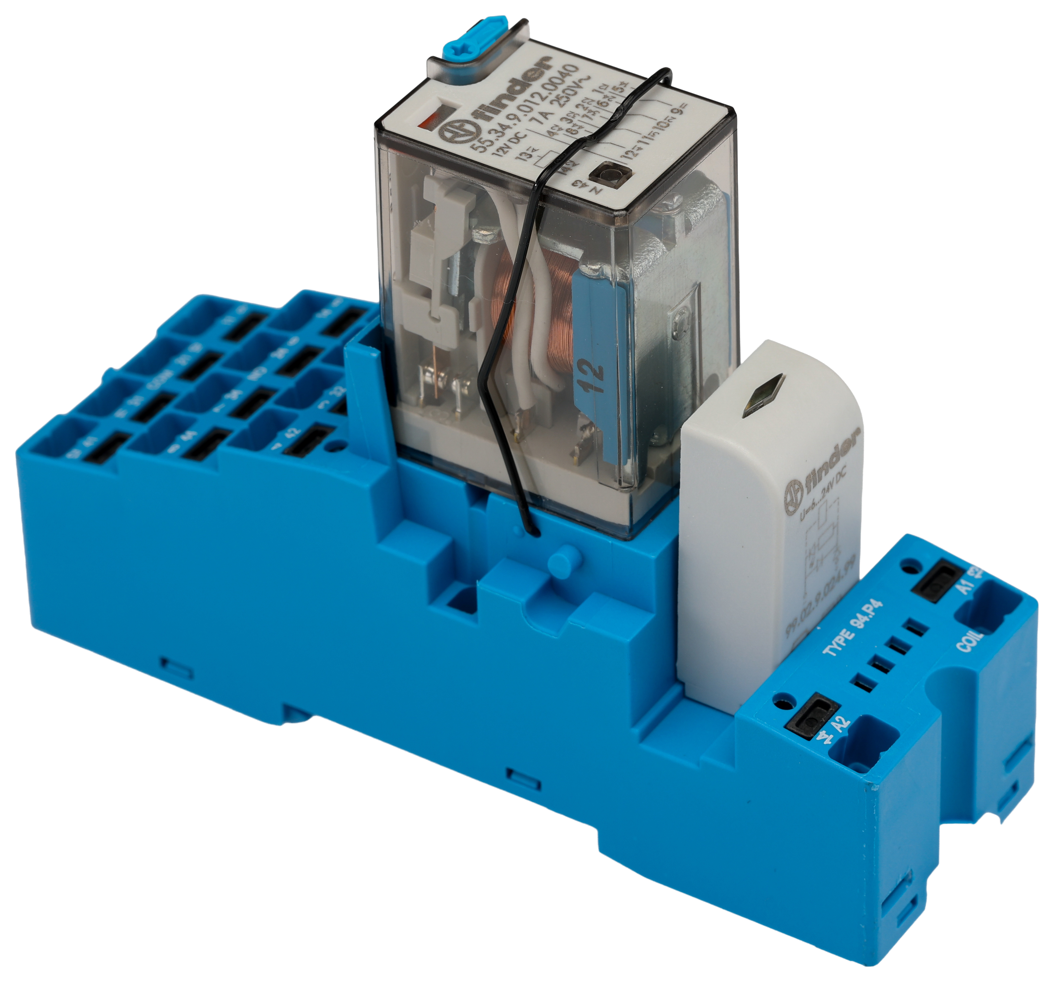 Finder 58 Series Interface Relay Module, DIN Rail Mount, 12V dc Coil, 4PDT, 4-Pole, 7A Load