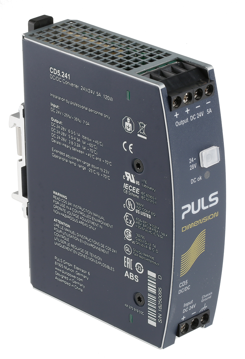 PULS DIMENSION-CD DC-DC Converter, 24V dc/ 5A Output, 18 → 32.4 V dc Input, 120W, DIN Rail Mount, +70°C Max Temp