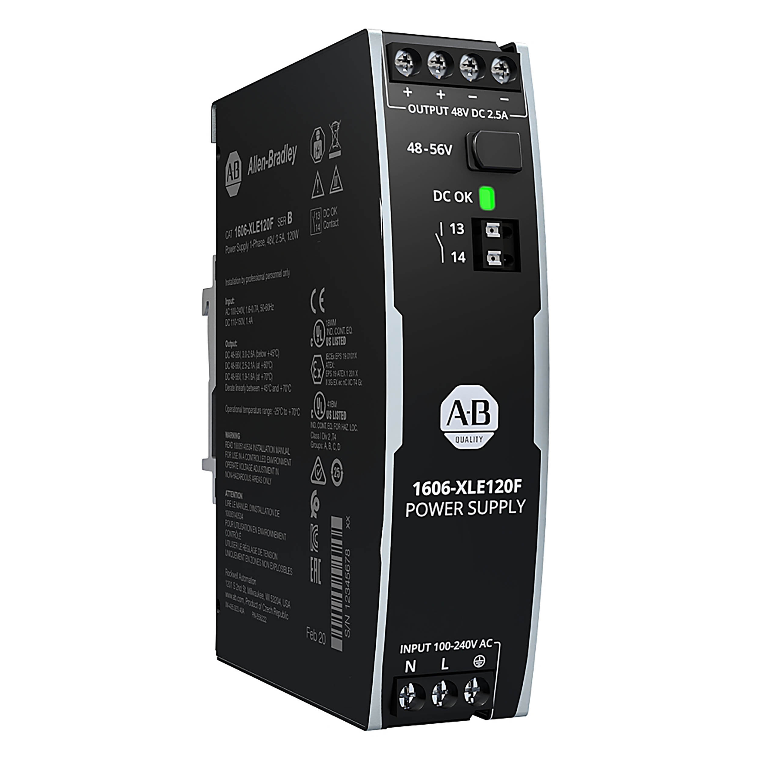 Allen Bradley 1606 Switched Mode DIN Rail Power Supply, 100 → 240 V ac, 110 → 150 V dc ac, dc Input, 48V