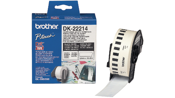 Brother DK Black on White Label Printer Tape, 30.48 m Length, 12 mm Width