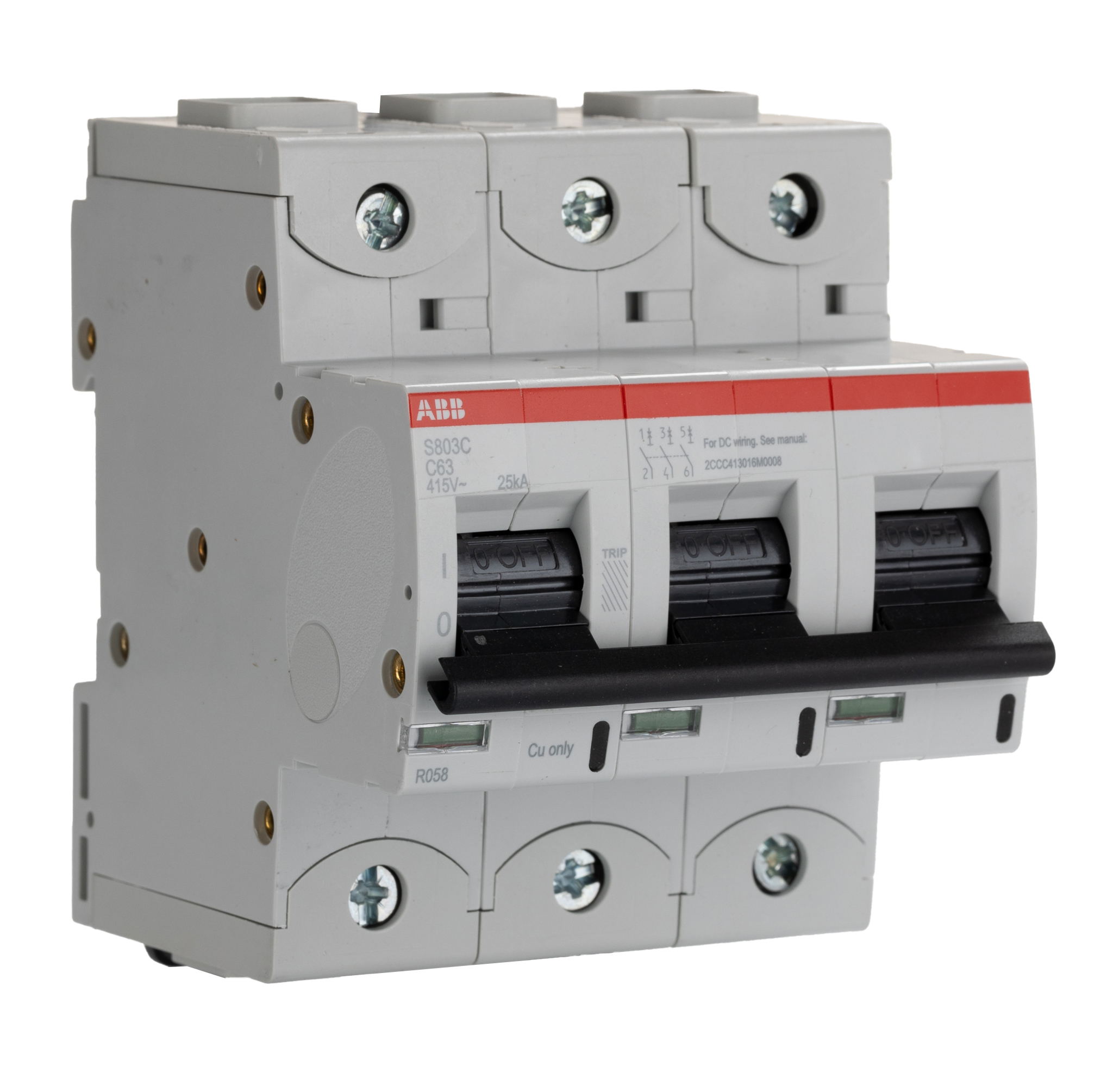 ABB High Performance S800C MCB, 3P, 63A Curve C, 400 V, 415 V AC, 25 kA Breaking Capacity