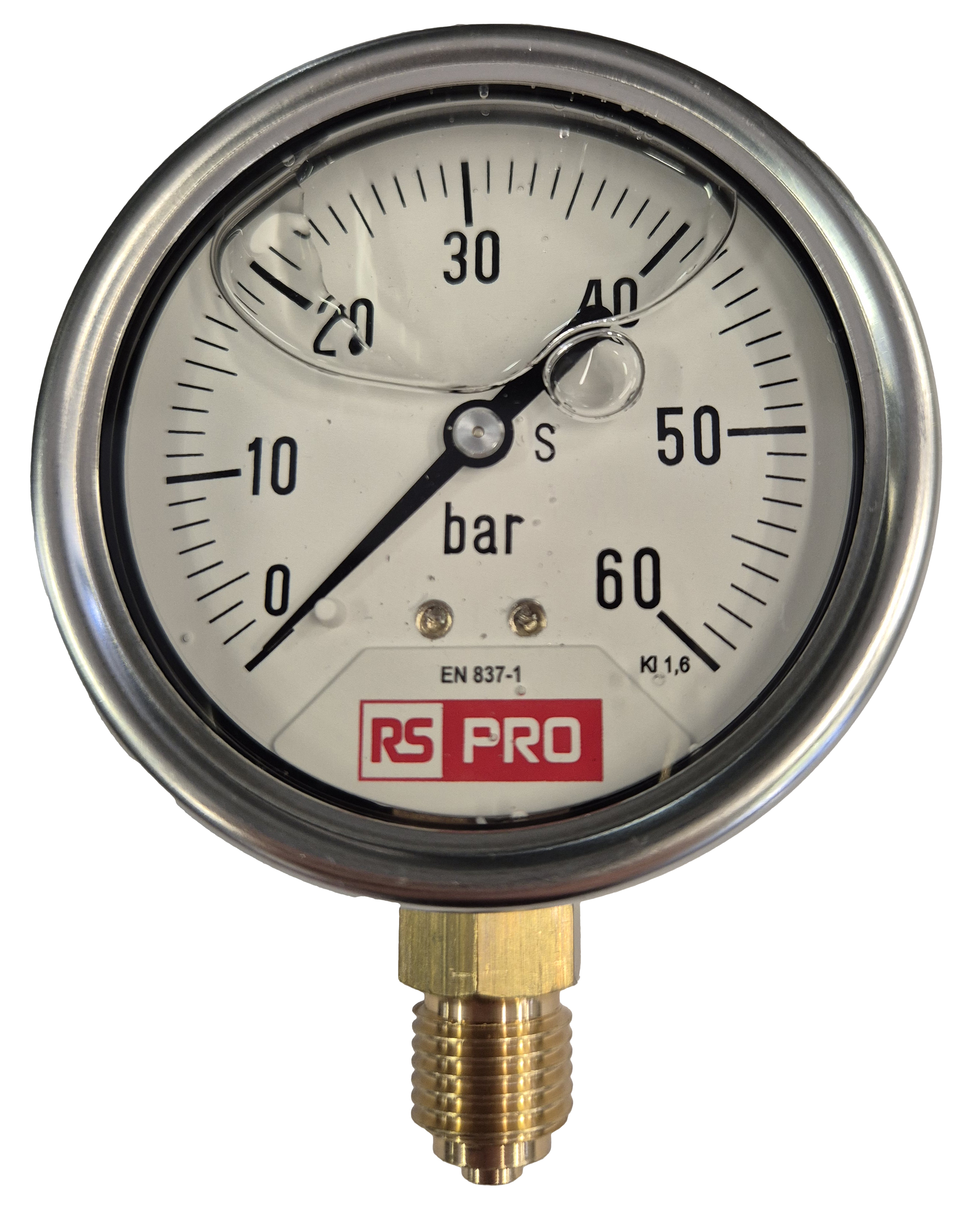 RS PRO BSP 1/4 Analogue Pressure Gauge 60bar Bottom Entry 63mm Outside Diameter