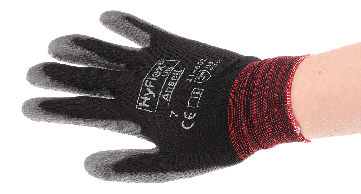 Ansell Black Nylon Work Gloves, Polyurethane Coating
