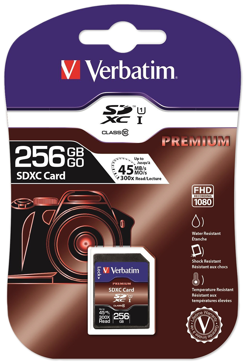 Verbatim 256 GB SDXC SD Card, Class 10, UHS-1 U1
