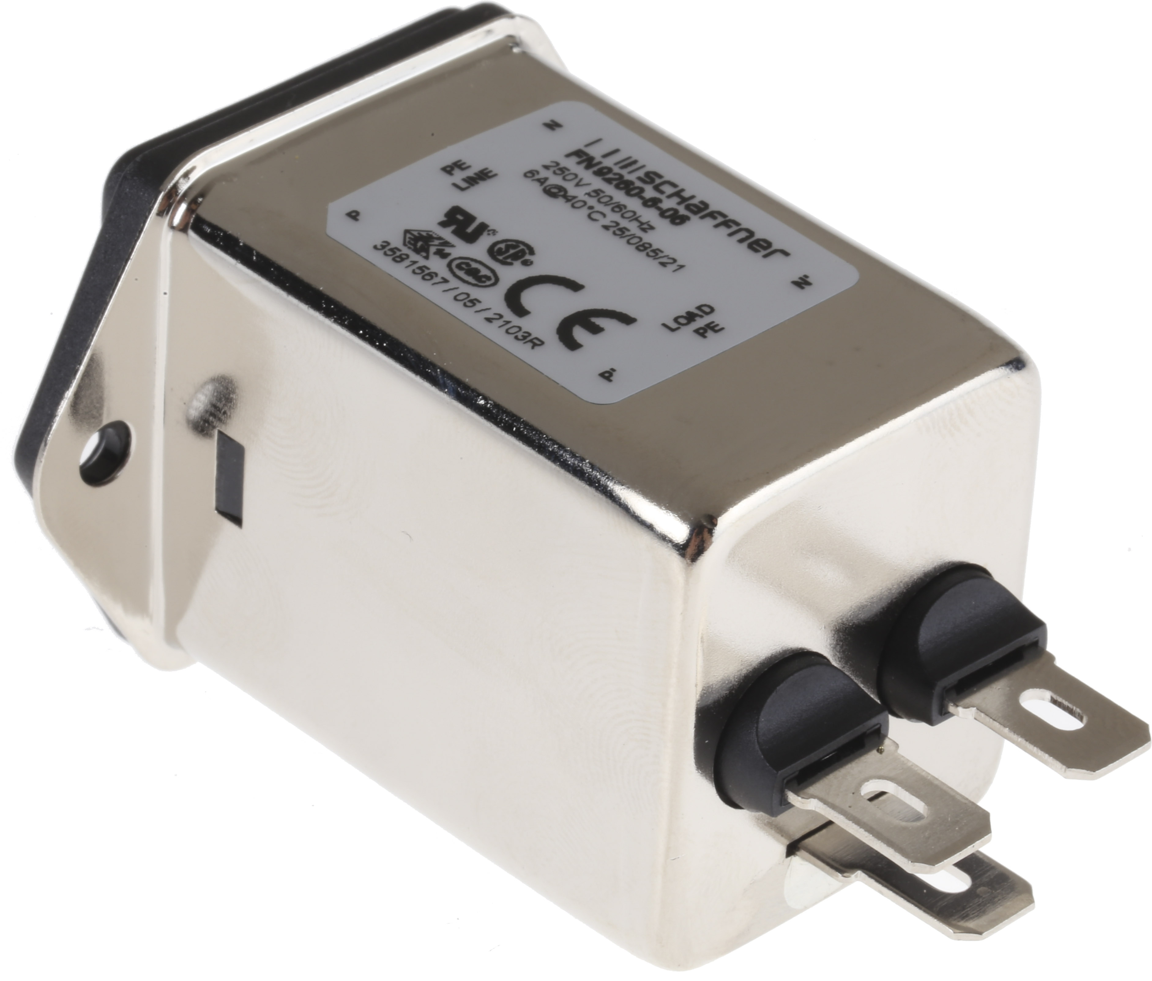Schaffner 6A, 250 V ac Male Panel Mount IEC Inlet Filter FN9260-6-06, Faston 2 Fuse