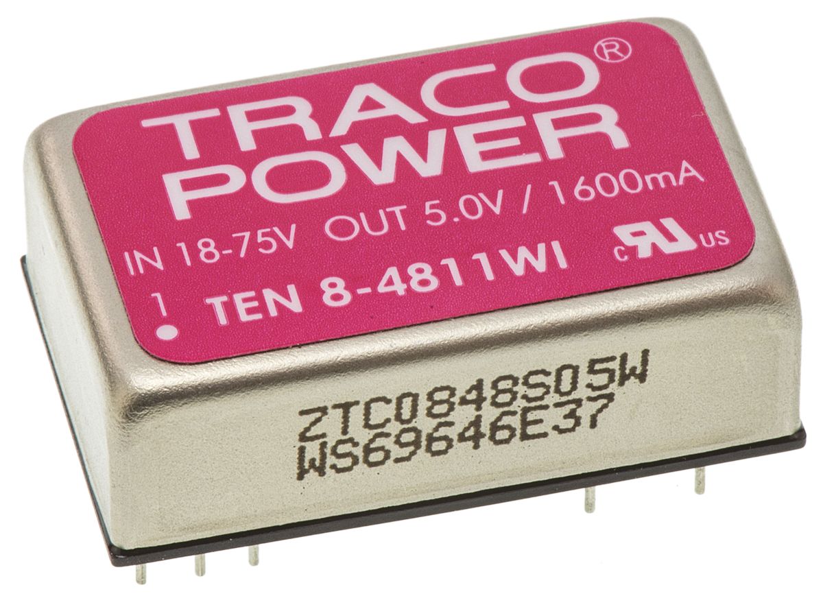 TRACOPOWER TEN 8WI DC-DC Converter, 5V dc/ 1.6A Output, 18 → 75 V dc Input, 8W, Through Hole, +85°C Max Temp