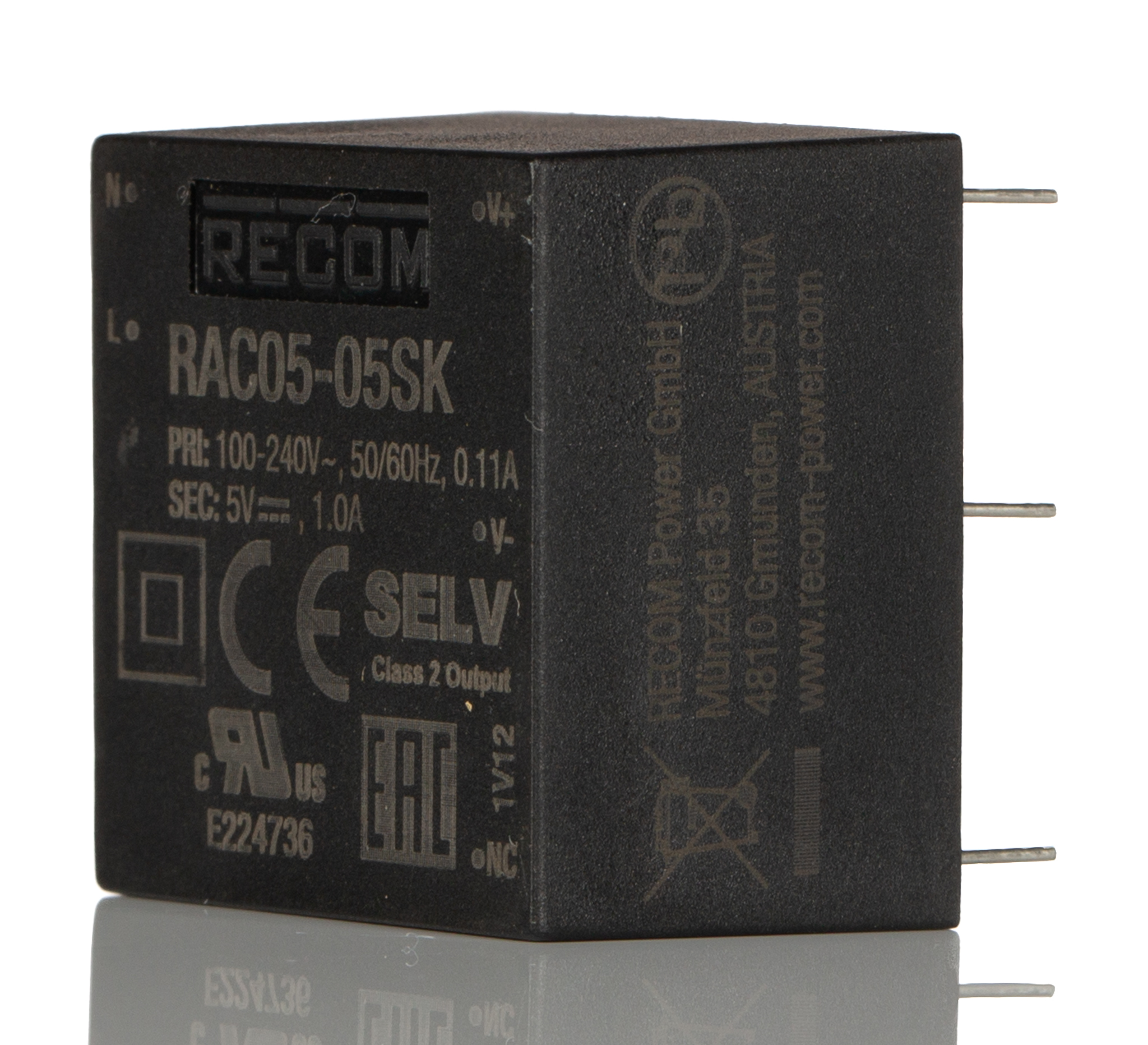 Recom Switching Power Supply, RAC05-05SK, 5V dc, 1A, 5W, 1 Output, 85 → 264V ac Input Voltage