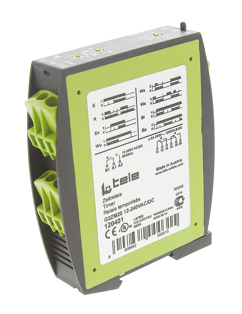 Tele G2ZM20 Series DIN Rail Mount Timer Relay, 12 → 240V ac/dc, 2-Contact, 0.05 s → 100h, DPDT