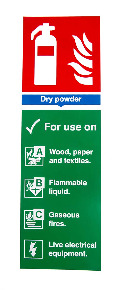 Vinyl Fire Safety Sign, List of materials dry powder can be used on With English Text Self-Adhesive