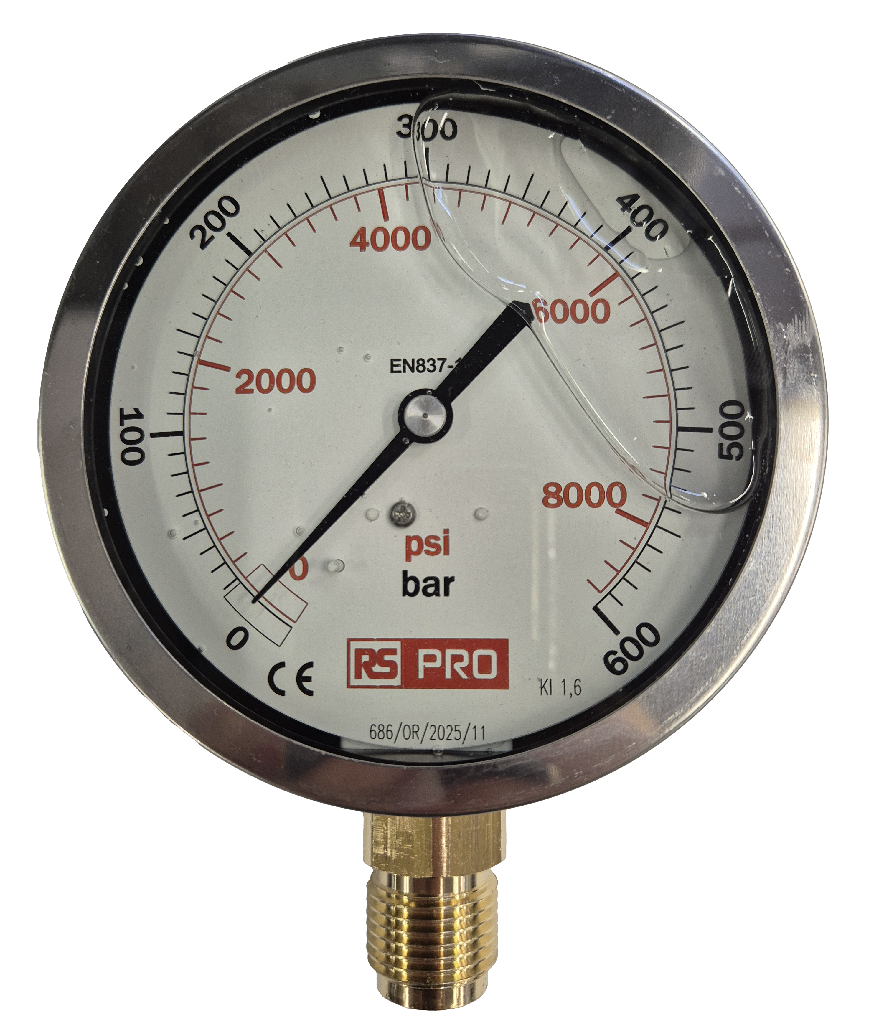 RS PRO BSP 1/2in Analogue Pressure Gauge 600bar Bottom Entry 100mm Outside Diameter