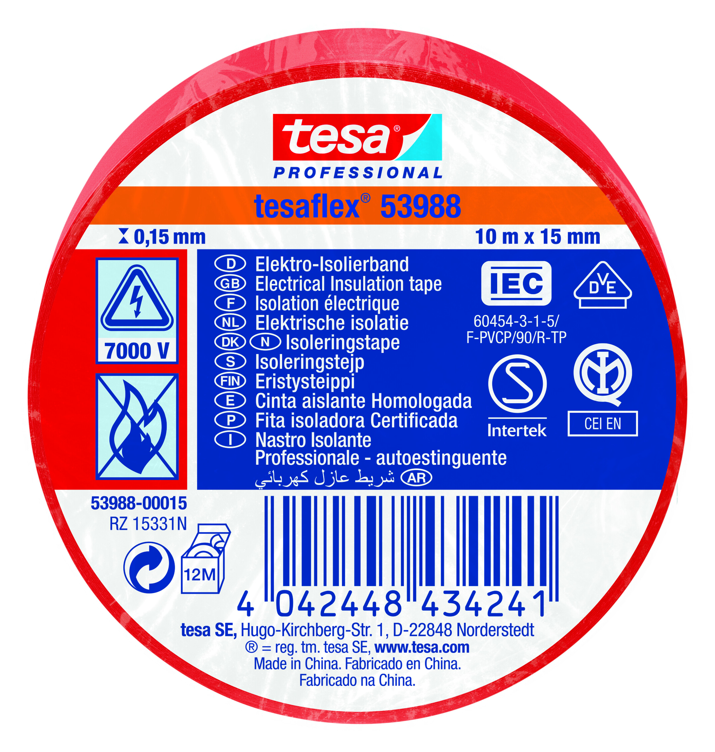 Tesa 53988 Red Soft PVC Electrical Insulation Tape, 15mm x 10m