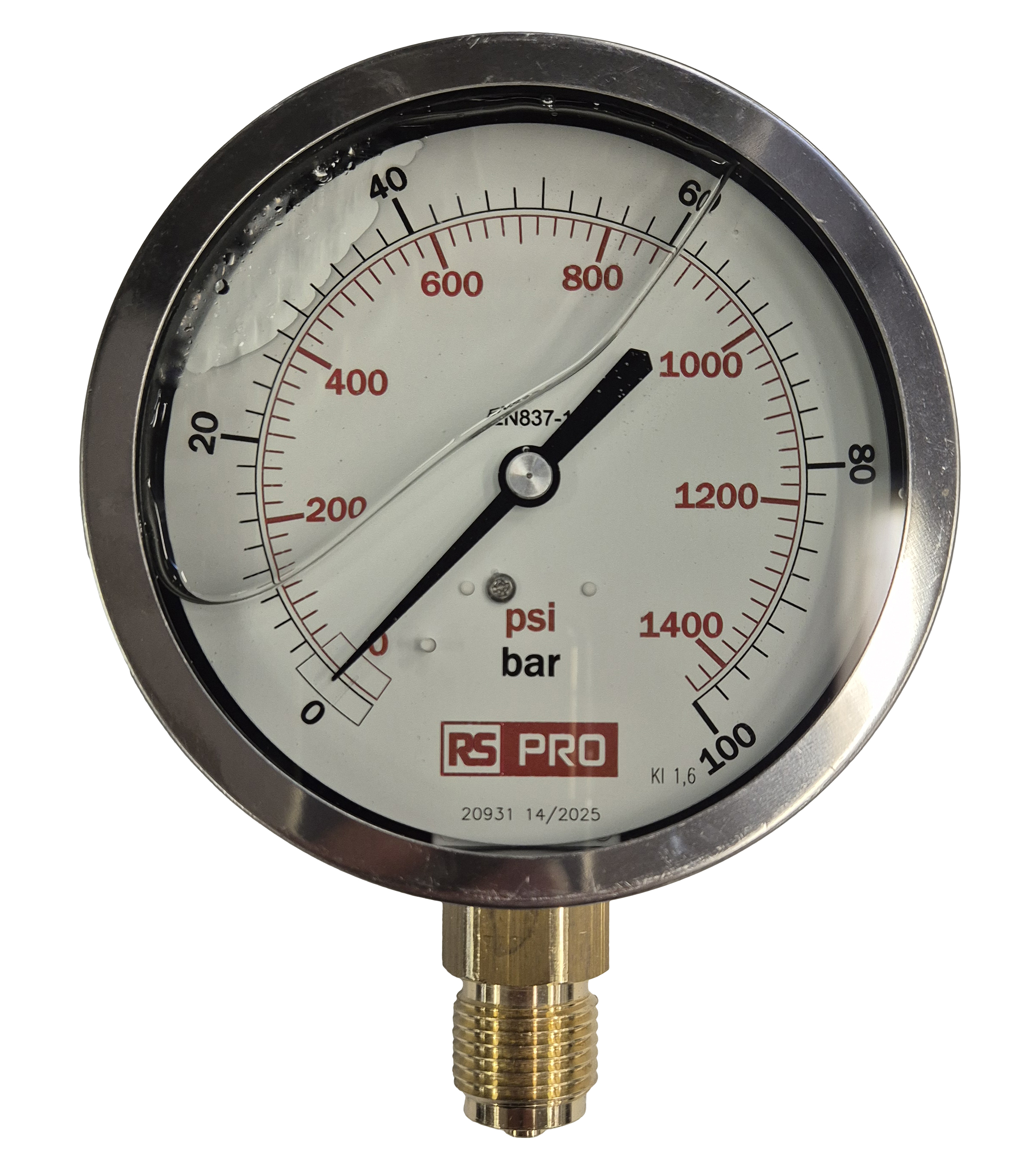 RS PRO BSP 1/2in Analogue Pressure Gauge 100bar Bottom Entry 100mm Outside Diameter