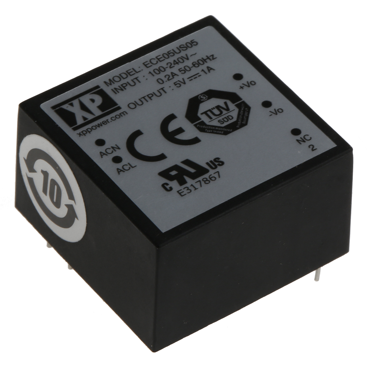 XP Power Switching Power Supply, ECE05US05, 5V dc, 1A, 5W, 1 Output, 120 → 370 V dc, 85 → 264 V ac Input