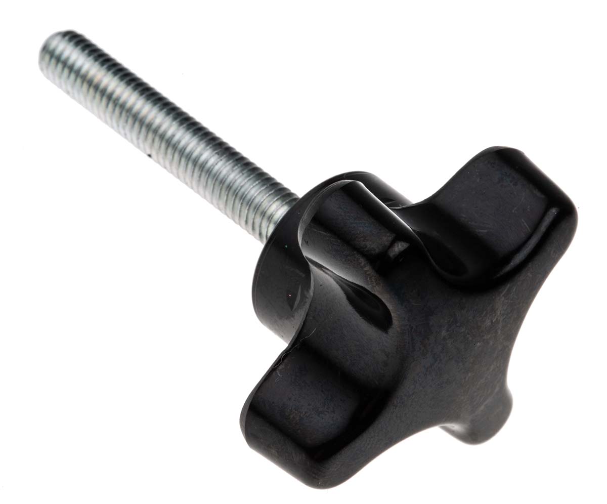 RS PRO Black 4-Arm Clamping Knob, M6, Threaded Stud