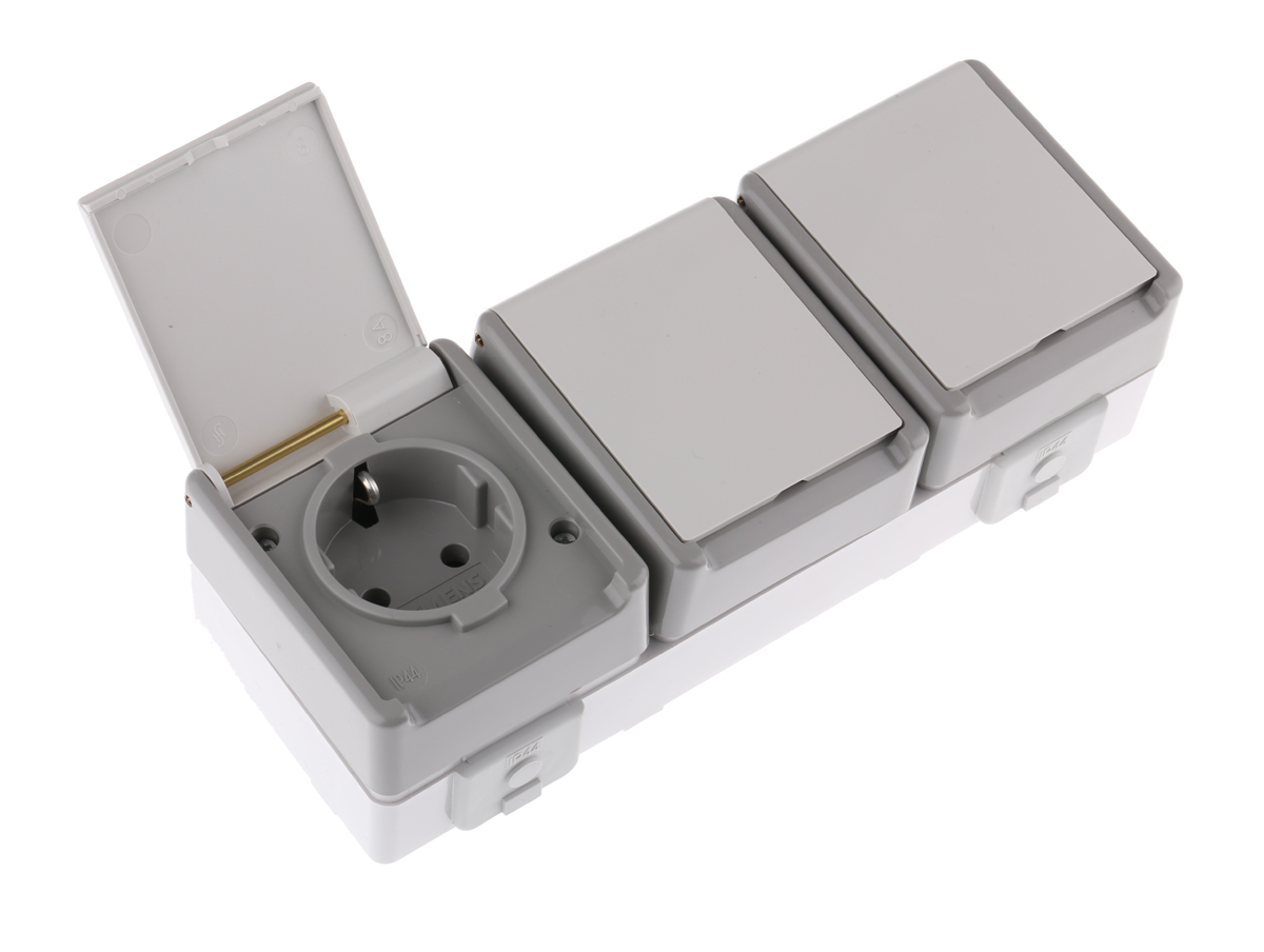 Siemens DELTA Grey 3 Gang Plug Socket, 16A, Type F - German Schuko, Outdoor Use