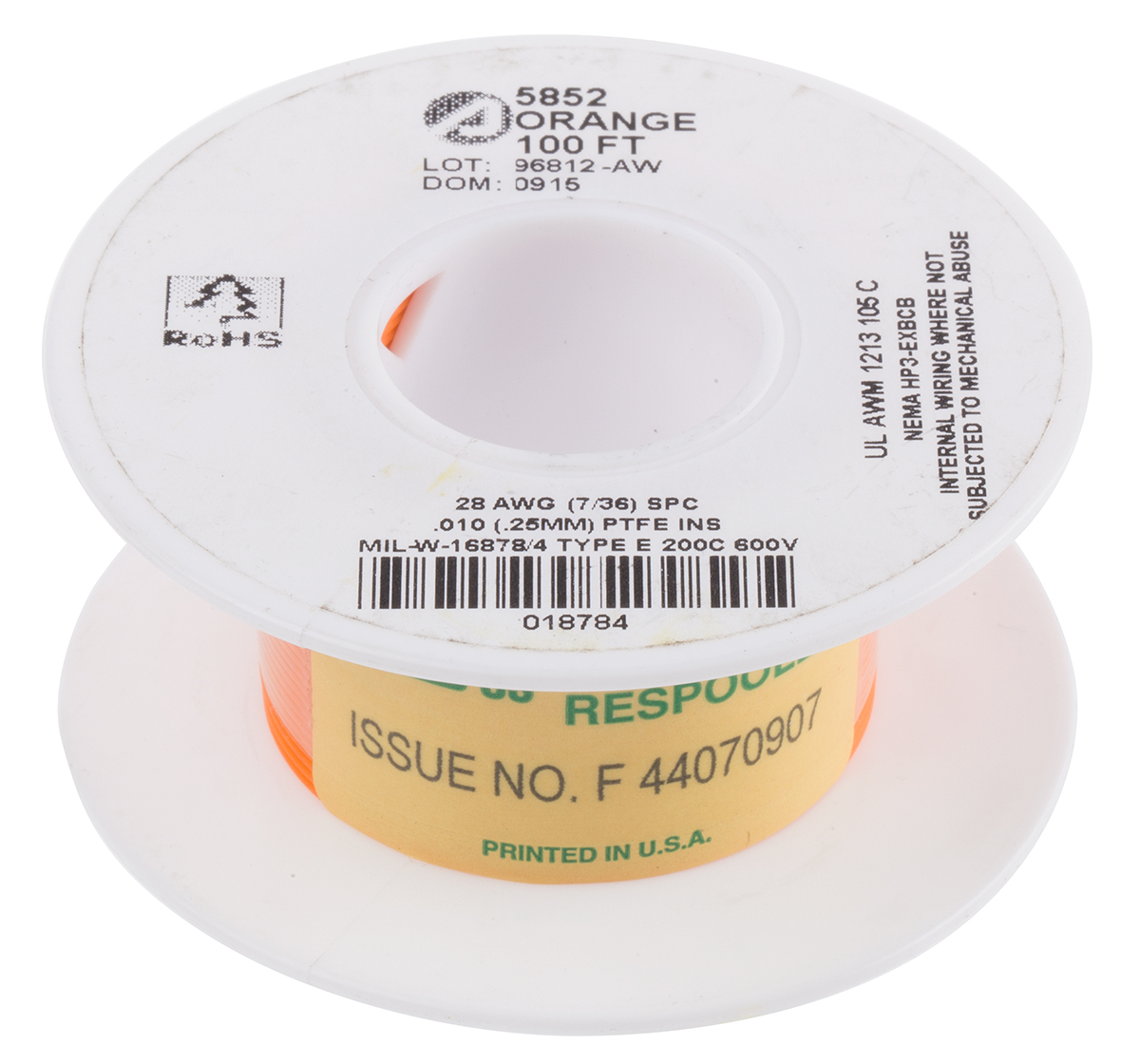 Alpha Wire Hook-up Wire TEFLON Series Orange 0.09 mm² PTFE Equipment Wire, 28 AWG, 7/0.13 mm, 30m, PTFE Insulation,